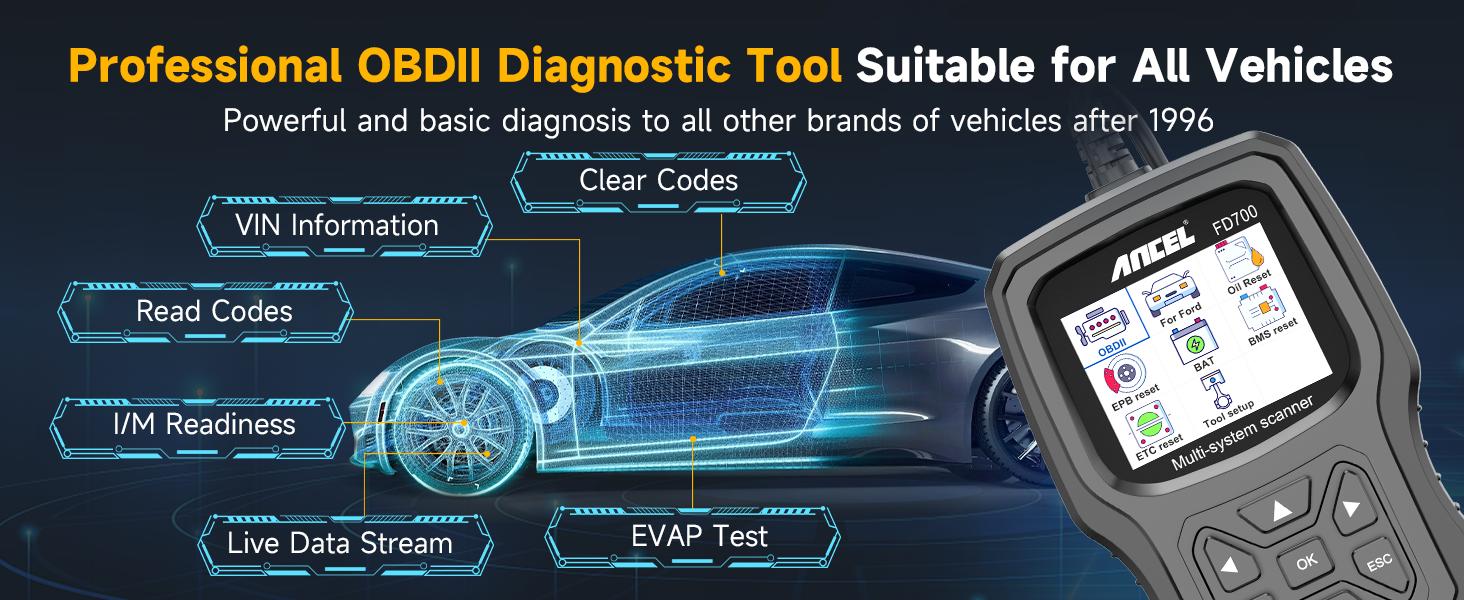 ANCEL FD700 Full System OBD2 Scanner Fits for Ford Lincoln Mercury Vehicles All Functions Automotive Disgnostic Scan Tool with Battery Registration ABS SRS SAS BMS Oil Reset TPMS Engine IQA EPB Regen