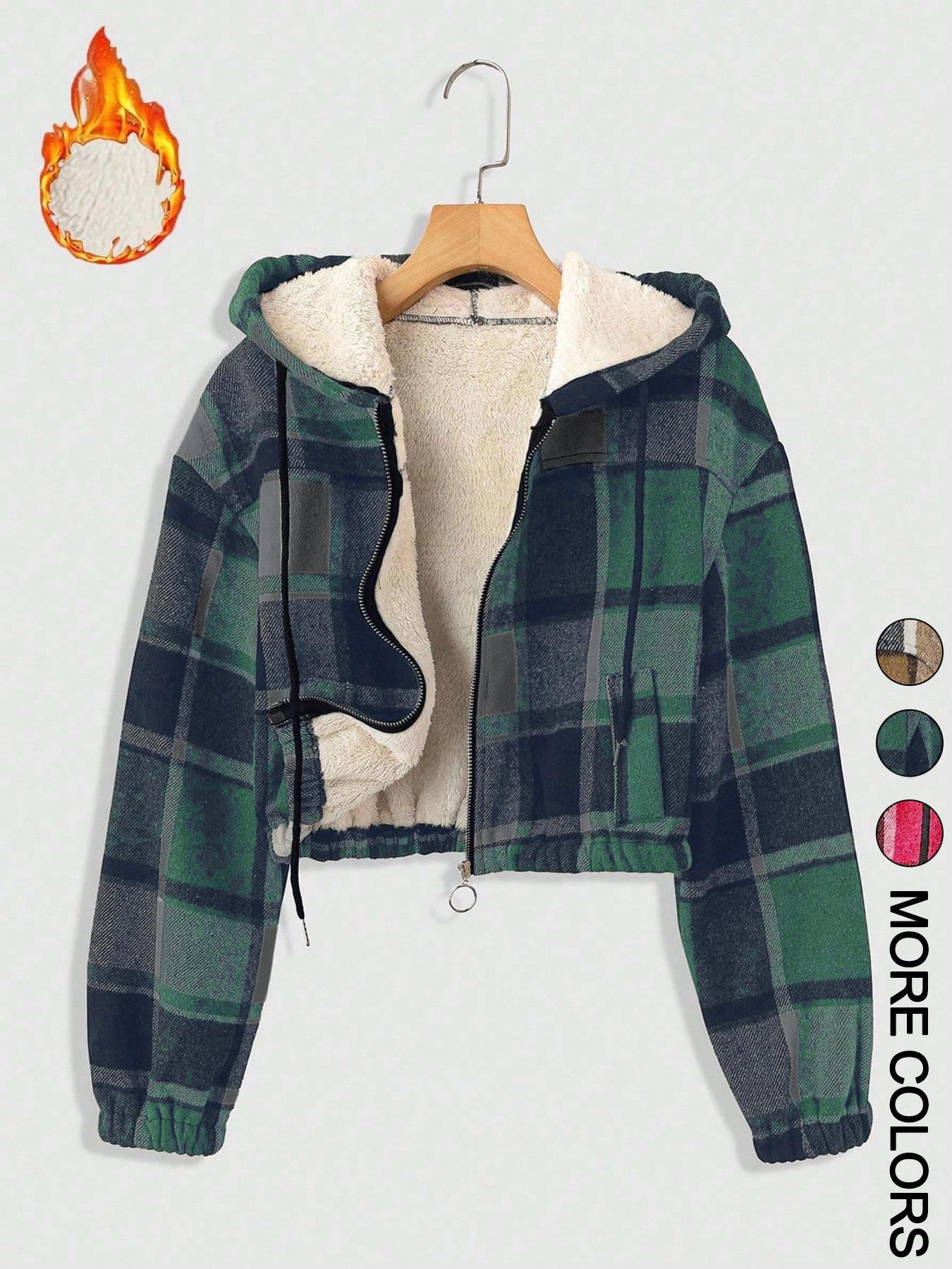 Women's Plaid Print Hooded Zipper Warm Lined Short Loose Fashionable Jacket, Long Sleeve Casual Outerwear, Fall & Winter Fashion Coat, Womenswear, Hoodie outerwear vacation style comfy chic sleek