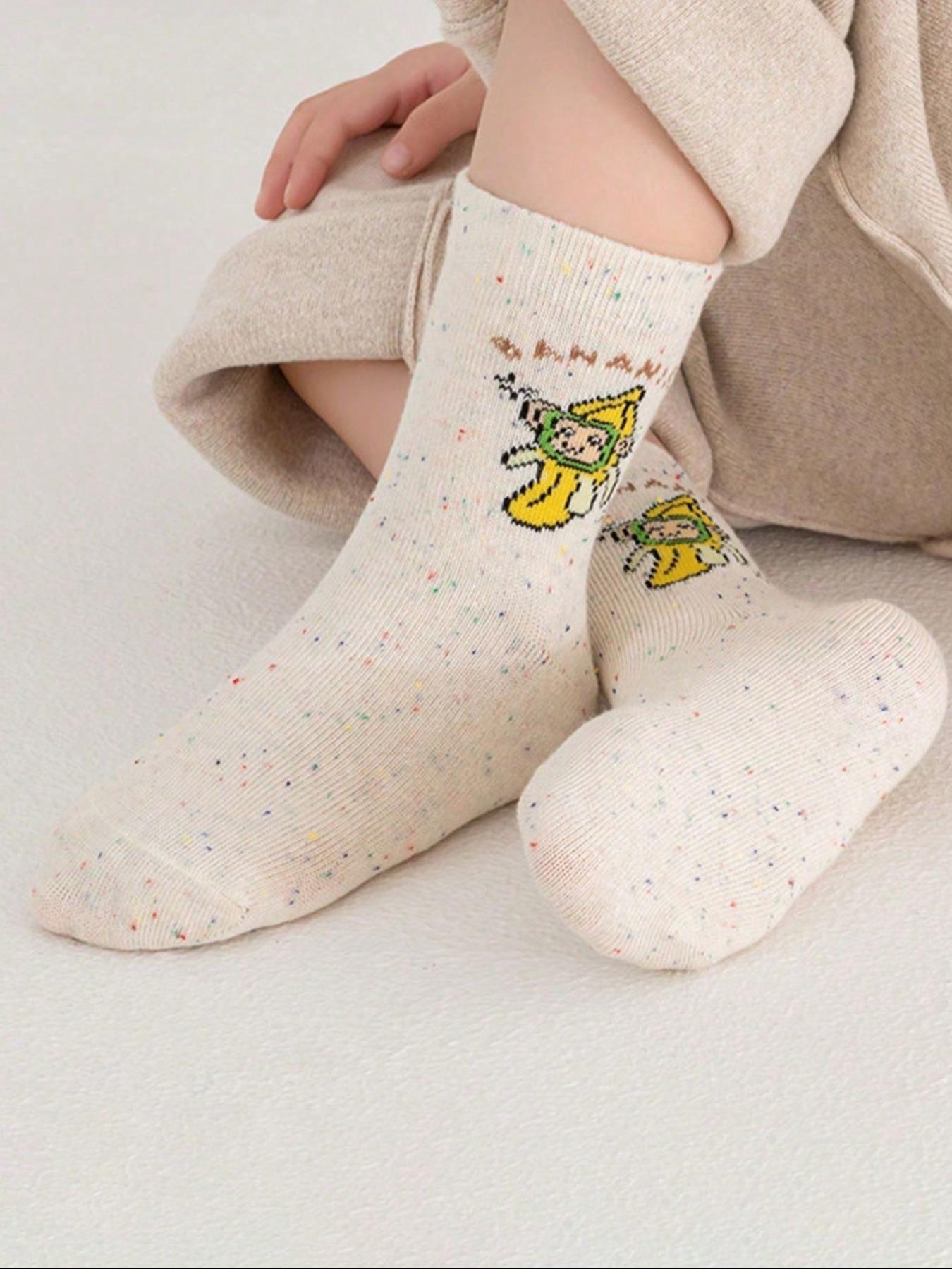 5 Pairs Kids Socks, Student Mid-Calf, Shark Pattern, Banana Monkey Cartoon, Fun Personality, Soft Comfortable, Daily Wear