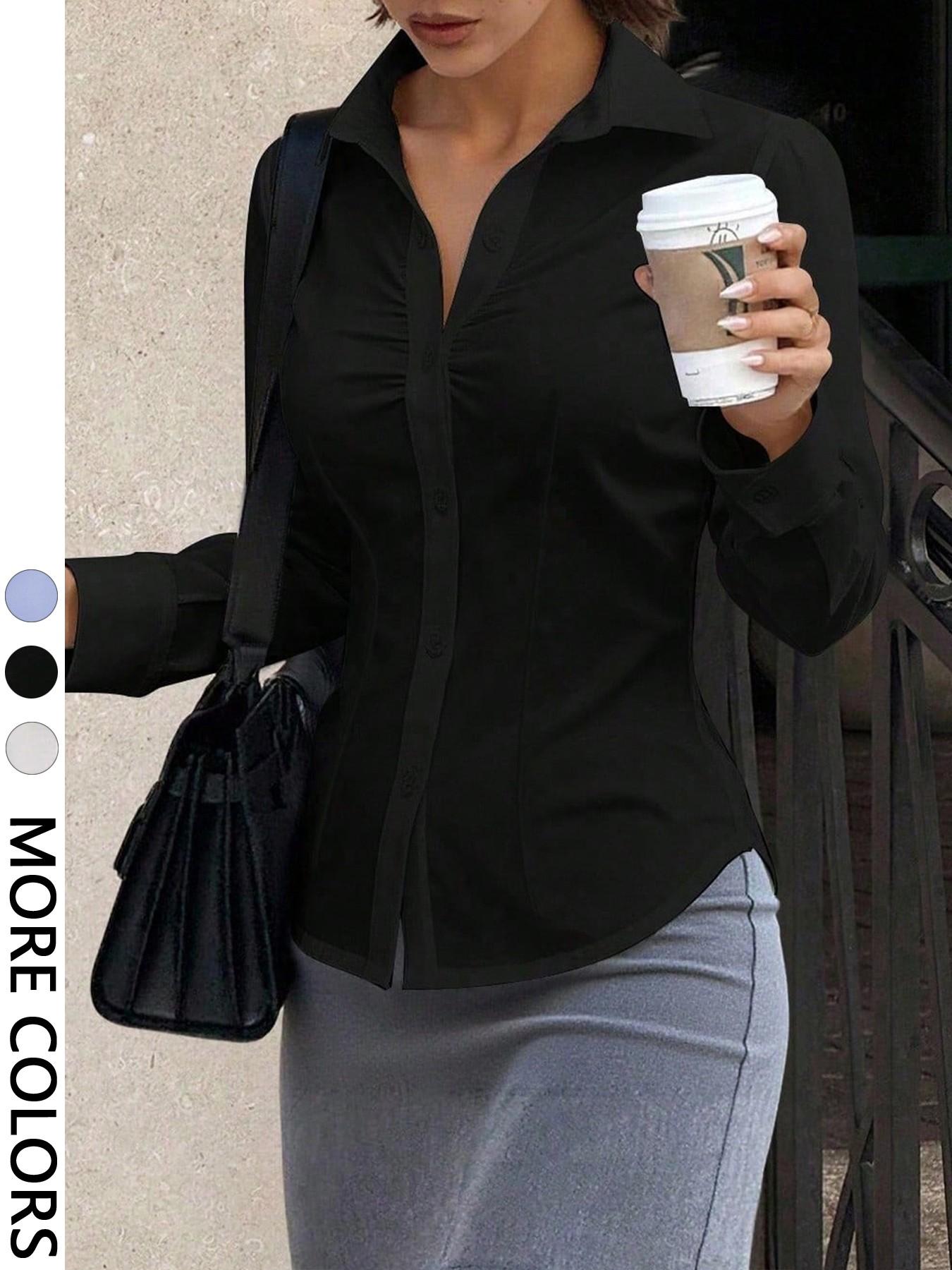 Women's Simple Casual Fashion Elegant Versatile Office Fitted Button Shirt, Spring & Fall, Plain Pattern, No Ca Prop 65