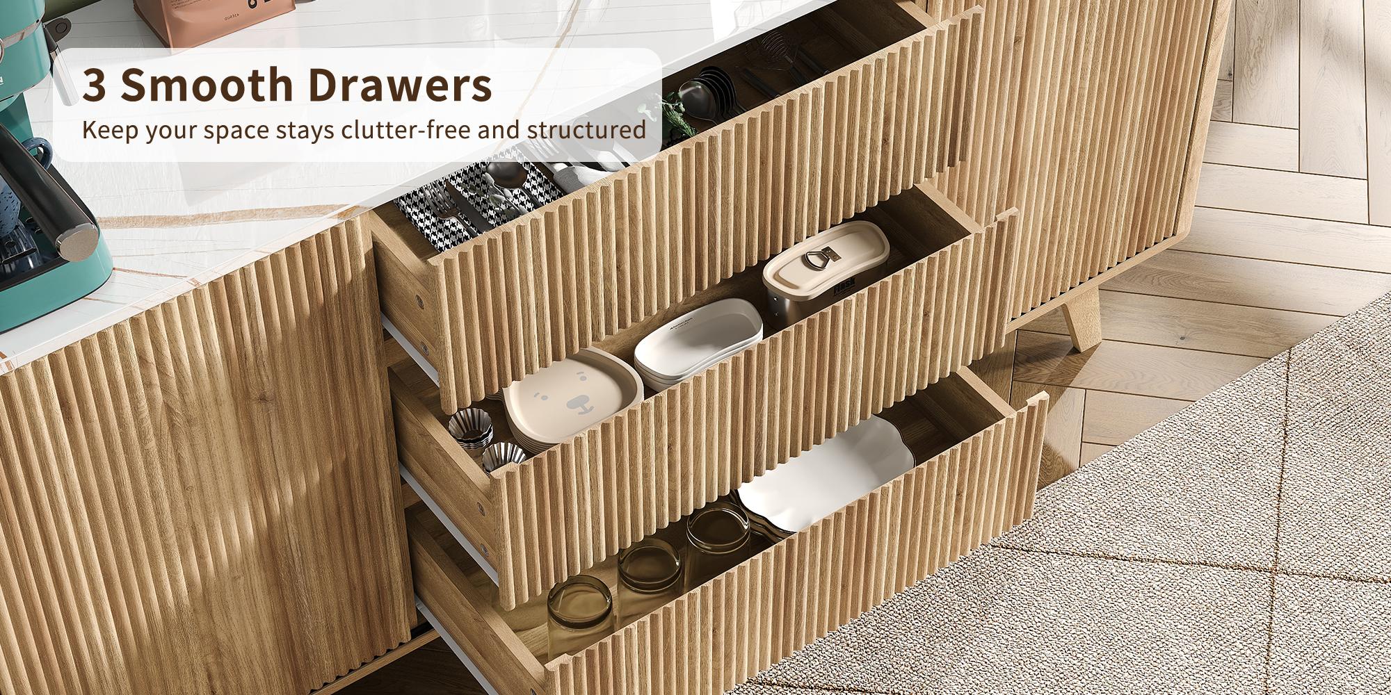 FUSOU 62" W Fluted Buffet Cabinet with Sliding Doors, Modern Sideboard Storage Cabinet with Power Outlet & 3 Drawers, Mid-Century Coffee Bar Table for Living Room, Dinning Room, Natural