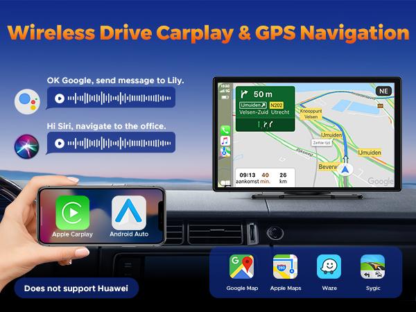 LAMTTO  Portable Wireless Carplay Screen for Car with 2.5K Dash Cam,9 Inches Android Auto Screen with 1080p Backup Camera,CarPlay Adapter - GPS Navigation,Bluetooth,Airplay,Voice Control