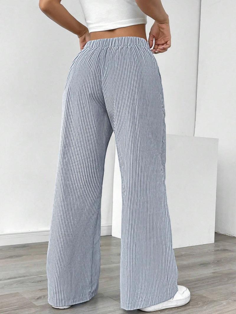 Women's Striped Wide Leg Pants, Casual Elastic Waist Home Wear, Fitted Long Regular Fit, Natural Waist, Stripe Pattern, Casual Fashion Pants