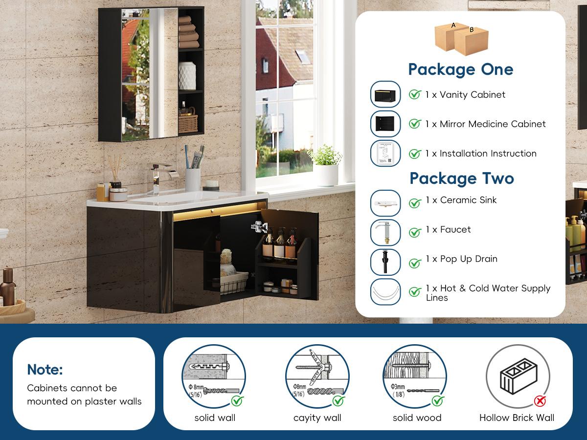 30-in Wood Floating Bathroom Vanity Set - Storage Cabinet, Sink, Faucet, Mirror, Glossy Wall Cabinets, LED Sensor Light, Wall-Mounted Design, Soft-Close Drawers for Organization, Bathroom Storage Cabinet,dorm essentials,home decor
