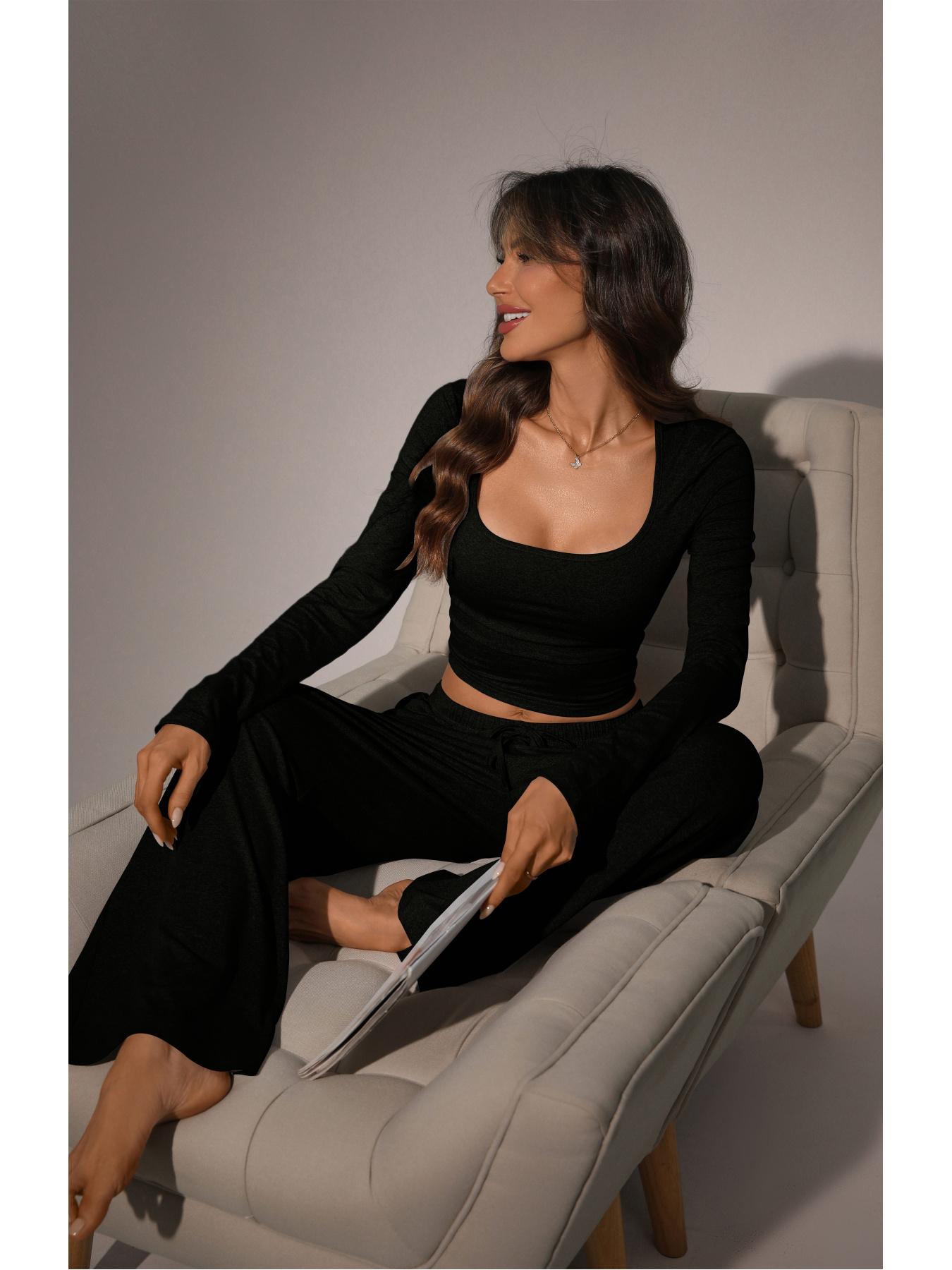 Women's Long Sleeve Square Neck Loungewear Set, Casual Loose Fit Home Wear, All Seasons Comfortable Fabric, 2026 New Arrival