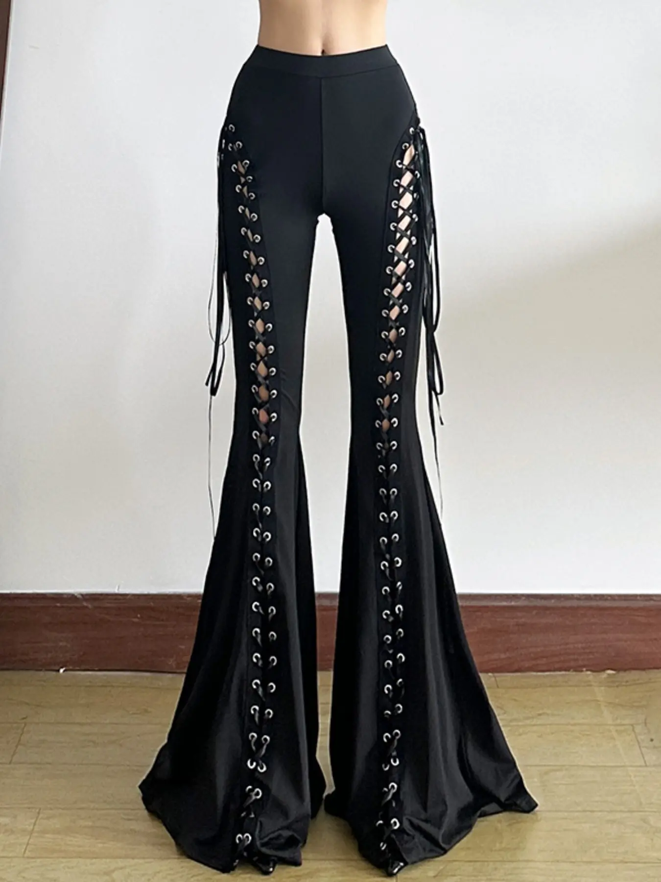 Women Gothic Lace Up Flare Pants, High Waist Cut Out Side, Bell Bottoms, Stretchy Slim Fit, Maxi Floor Length, Y2K Streetwear, Trousers, Streetwear Casual Bottom