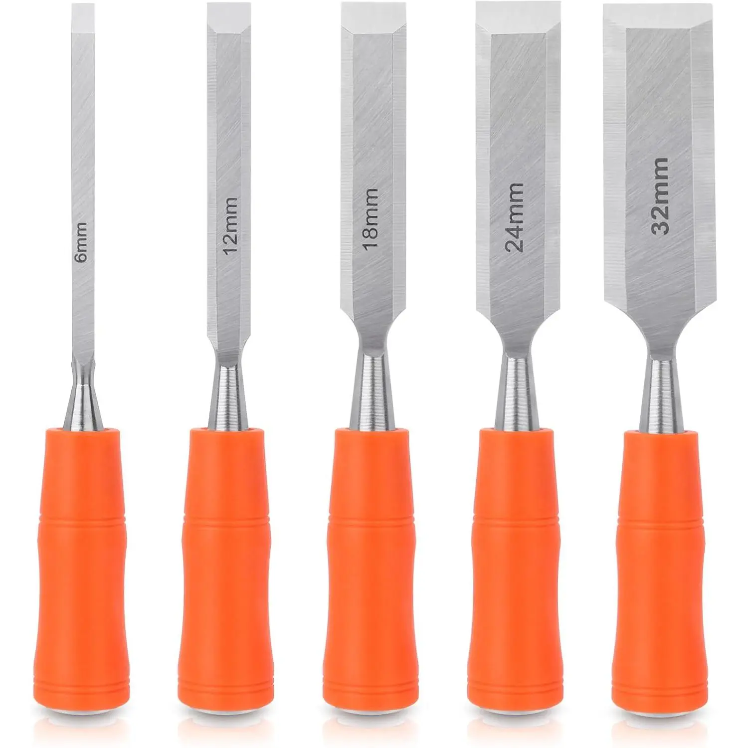 5-Piece Durable Carbon Steel Wood Chisel Set for Woodworking, Wood Carving - 6-32mm Sizes (6,12,18,24,32mm), Ergonomic Plastic Handle, Steel Hammer End, Suitable for Soft/Hardwood