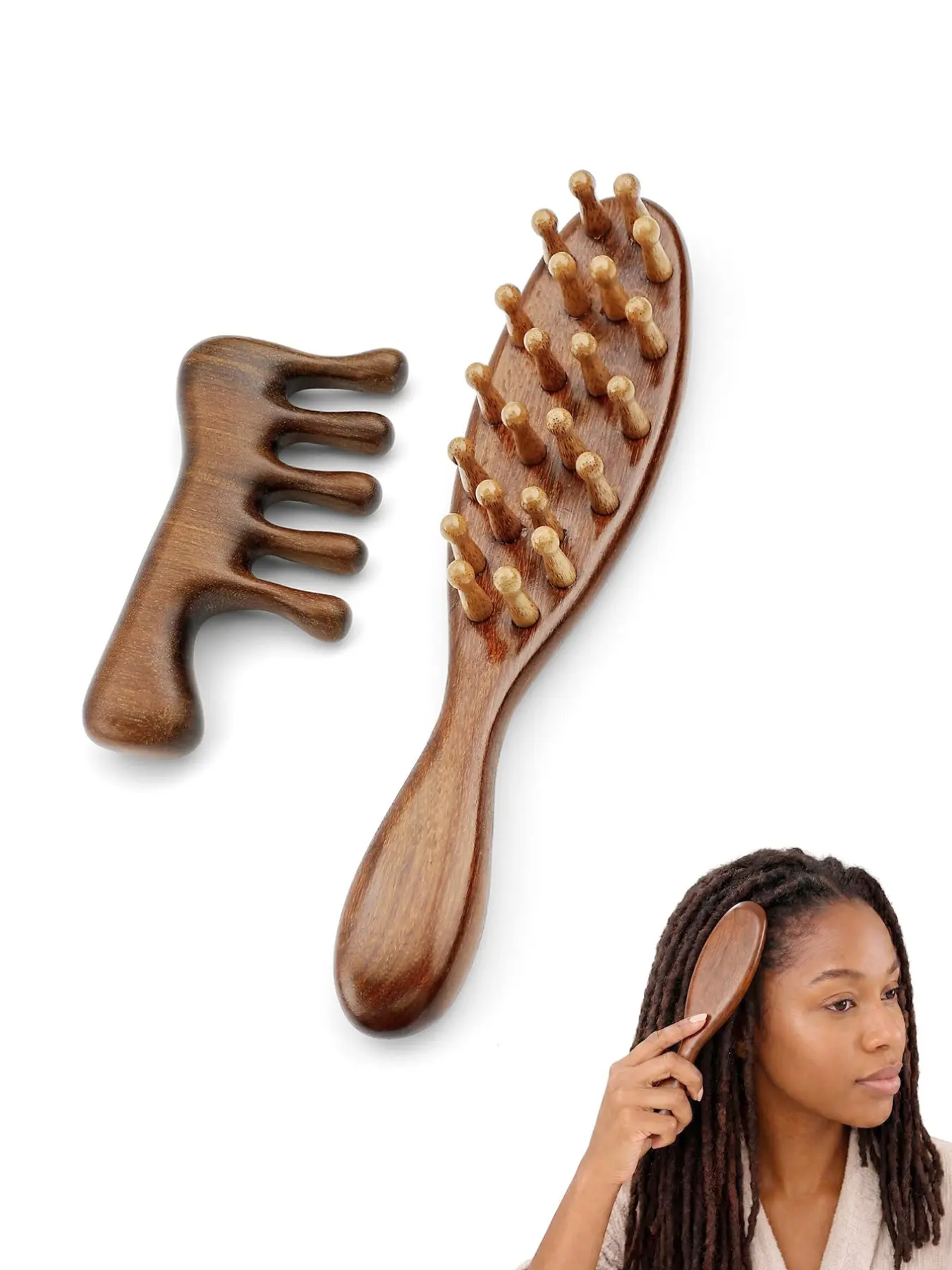 Wooden Hair Care Brush and Comb Set for Braids, Ideal for Braiding, Micro Braids, Scalp Massage, New Growth Division, Daily Braided Hair Care