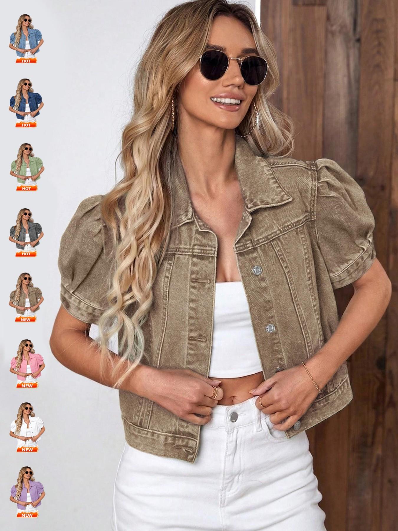 Women's Vintage Bubble Sleeve Light Wash Denim Jacket, Summer Lightweight Thin High Waist Crop Top, Casual Fashionable Fit Short Cropped Jean Coat for Women Women's Vintage Bubble Sleeve Light Wash Denim Jacket, Summer Lightweight Thin High Waist Crop Top, Casual Fashionable Fit Short Cropped Jean Coat for Women
