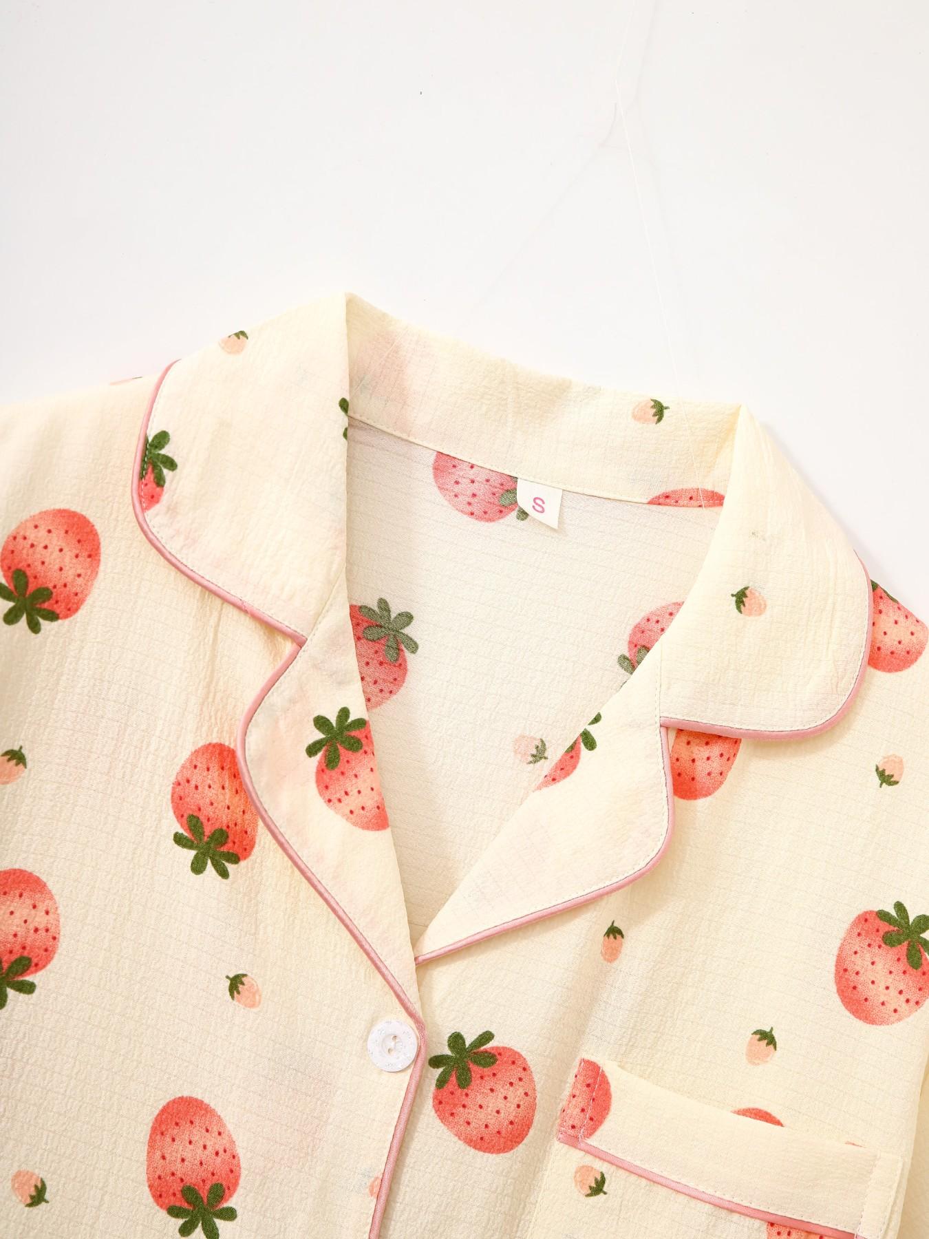 Women's Short Sleeve Button Down Top and Shorts Pajama Set, Spring Summer Wear, For Cute Sweet Girls, Cream Base Pink Strawberry Print, Classic Lapel Collar, Loose Vitality Fit, Comfortable For Home & Gatherings