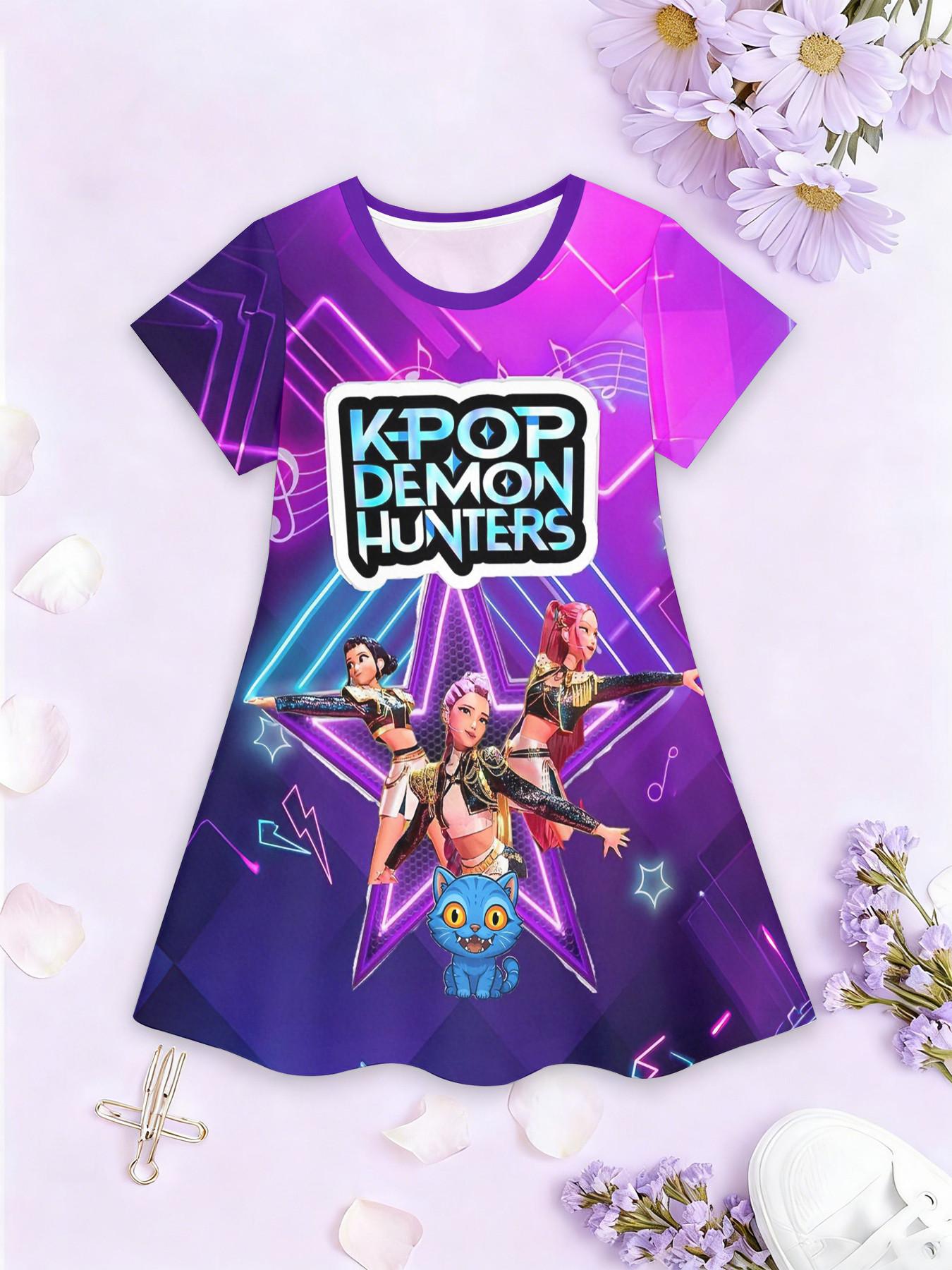 Girls' 3D Dress Base K-Pop Demon Hunters Full Print, Perfect for Parties, Festive Gifts, Birthday Presents, Casual Style