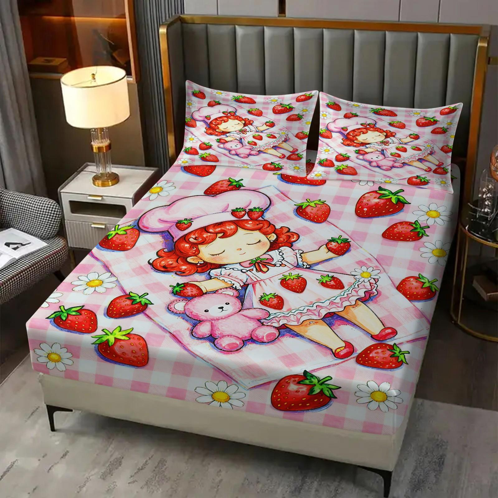 Strawberry Sweetheart Fitted Sheet Set and 2 Pillowcases No Core, Pink-White Checkered, Vintage Hand-Drawn Dessert Party Design, Soft Anti-Slip Bedding, Fairy Tale Girls Room, Kids Room Decor, Gift Choice