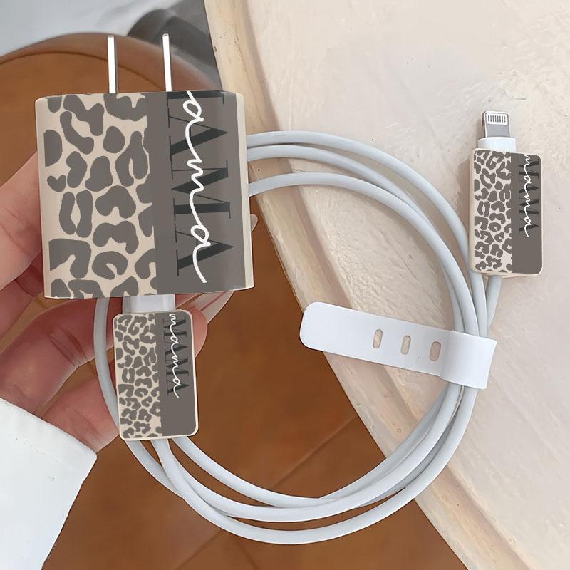 5 Piece Set Leopard Print Mama iPhone Case, Shockproof Protective Charging Head Cover, Data Cable Protector, Storage Rope, Fits iPhone 11-16 Series, Accessories