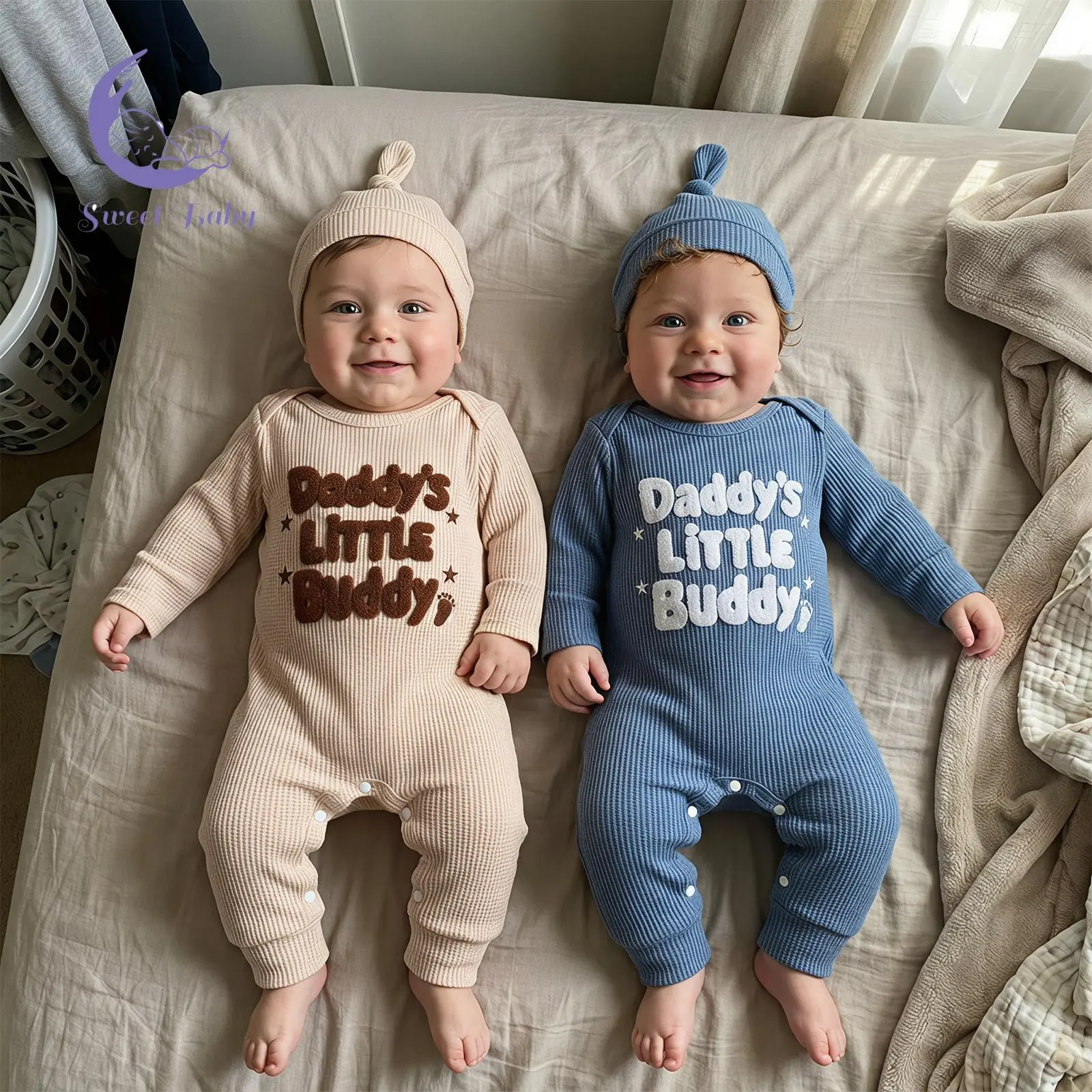 Baby Boy Fall Outfit Cute Letter Embroidery Long Sleeve Romper and Hat Set