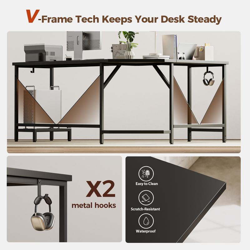 66.93 Inch L Shaped Desk for Home Office, Computer Desk, Corner Desk for Workstations, Gaming Table with Computer Tower Shelf and Hooks,Black