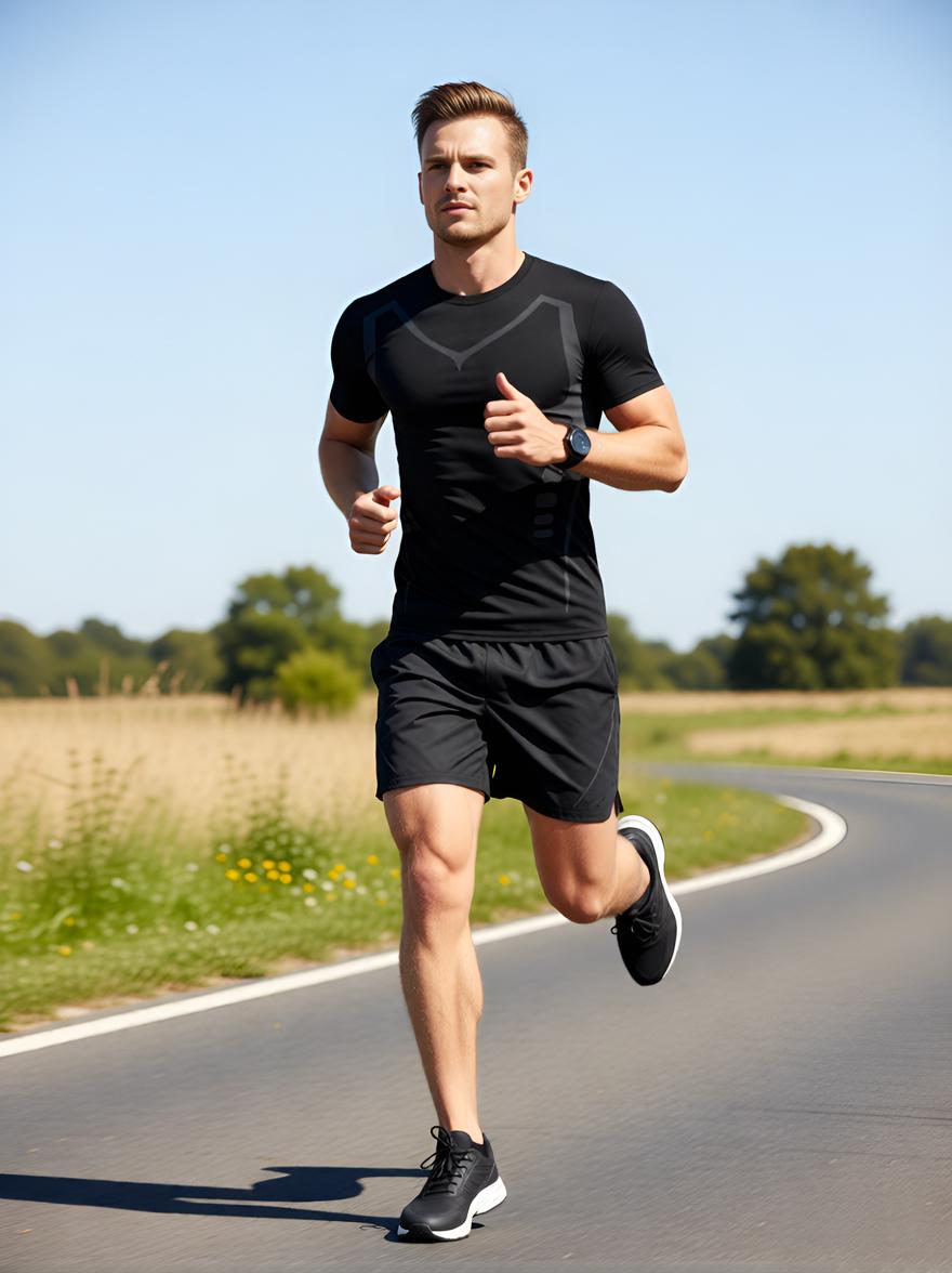 Men's Sport Compression Shirt, Short Sleeve Casual Round Neck T-Shirt, Outdoor Fitness Clothing, Polyester Knit Fabric, Cool & Breathable, Athletic Compression Shirts