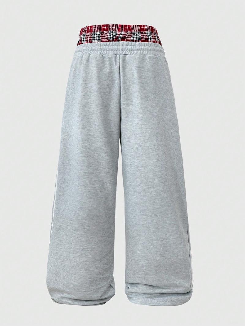 Unisex Gray Jogger Pants with Plaid Waistband and Red Heart LOS ANGELES Graphic, Athletic Casual Sweatpants for Streetwear and Lounge, Wide Sweatpants