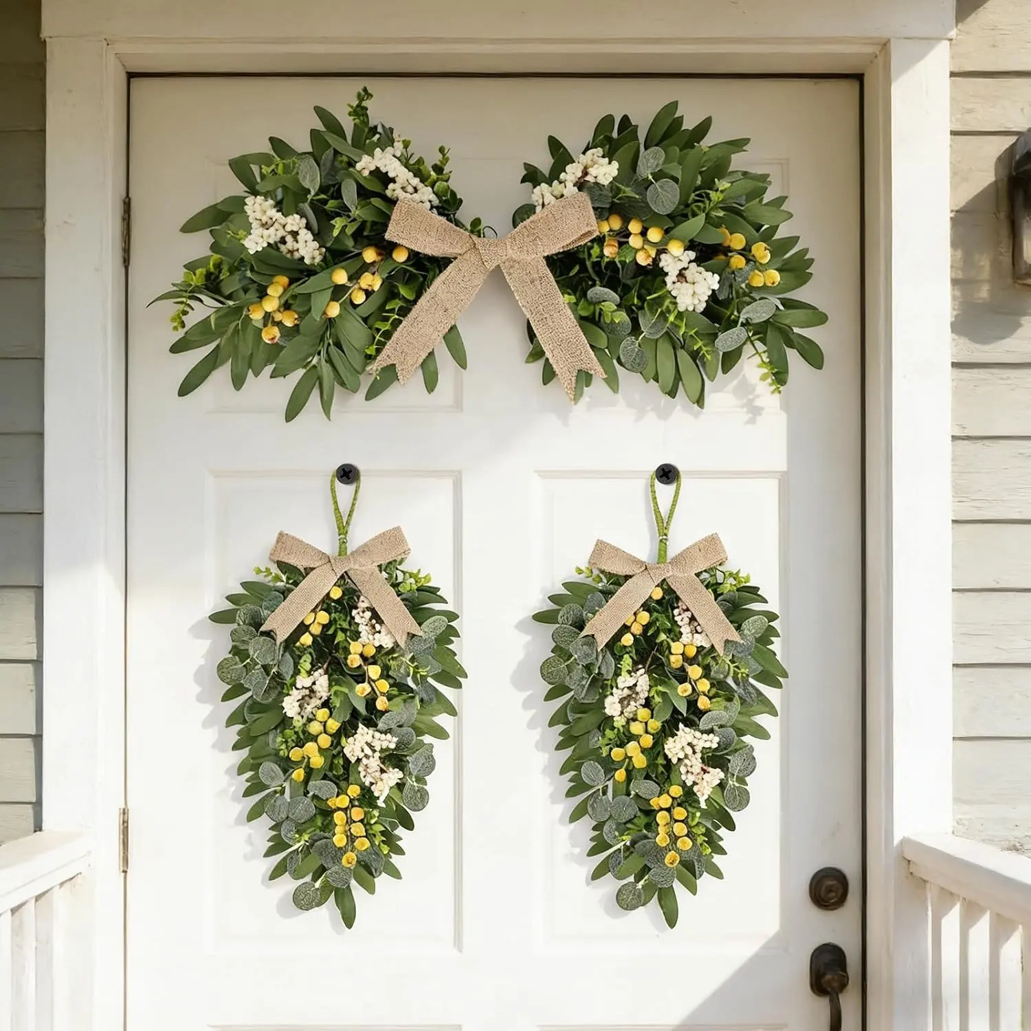 3 Pcs Spring Eucalyptus Teardrop Swag Arch Wreath Sets 24" Greenery Swag Decor with Linen Bows & Ribbons Eucalyptus & Olive Leaf Teardrop Wreaths for Outdoor Indoor Window Mirror Wall Front Door