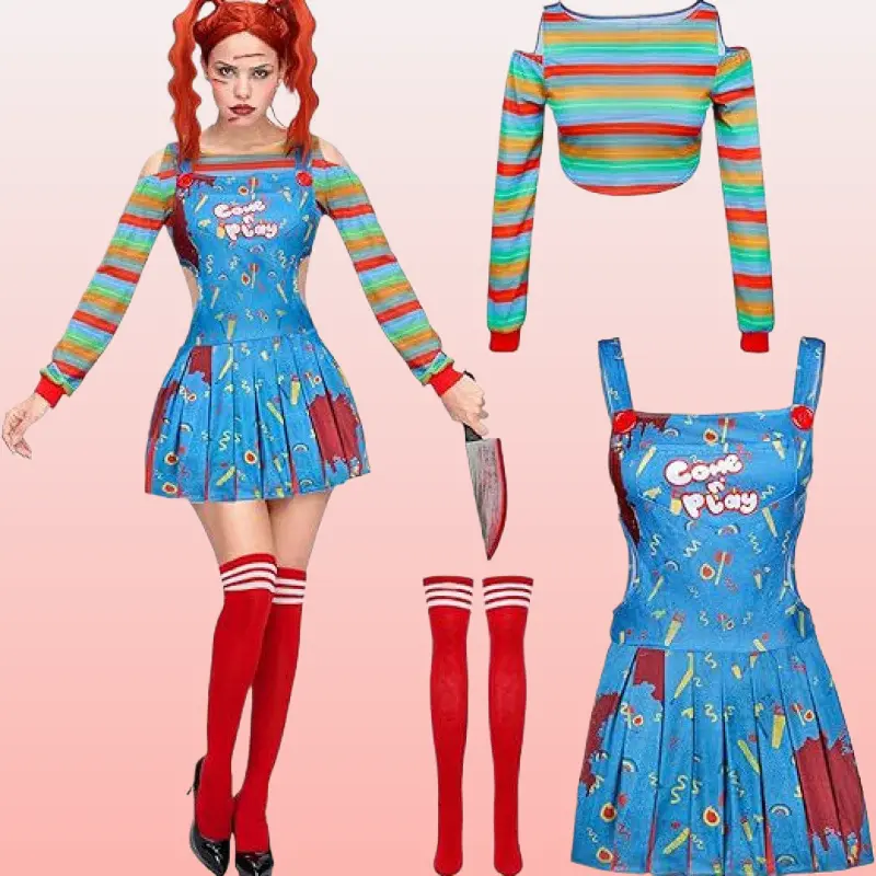 Blue Chucky Dress Child's Play Horror Cosplay Outfit For Women Halloween Stage Role Play Costume