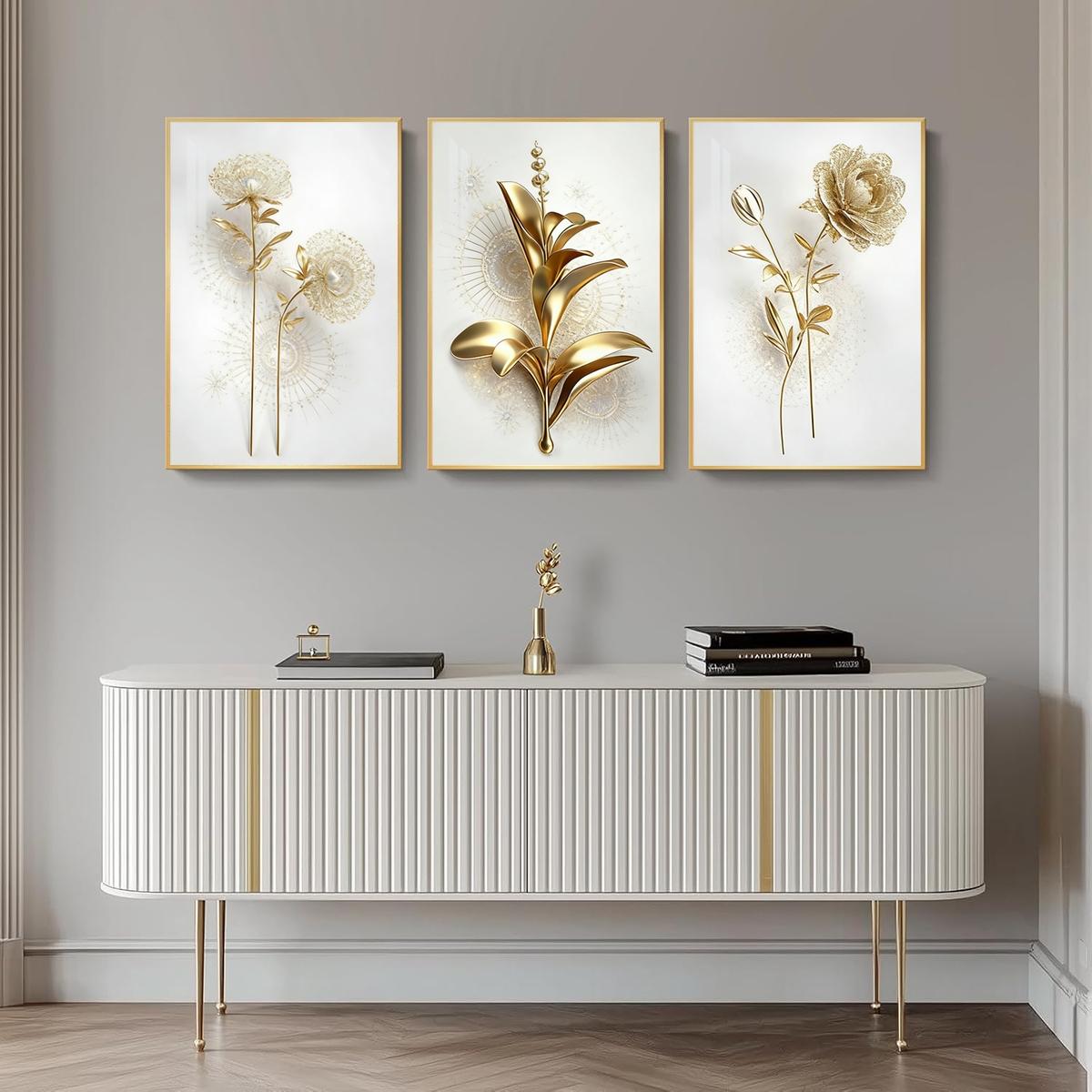 3 Counts Aluminum Alloy Framed Painting, Golden Abstract Flowers Artwork, Home Decoration For Living Room, Bedroom, Office, Restaurant, Hallway Wall Decor, Odorless Print Artwork, Luxury Perfect Gift For Friends And Family