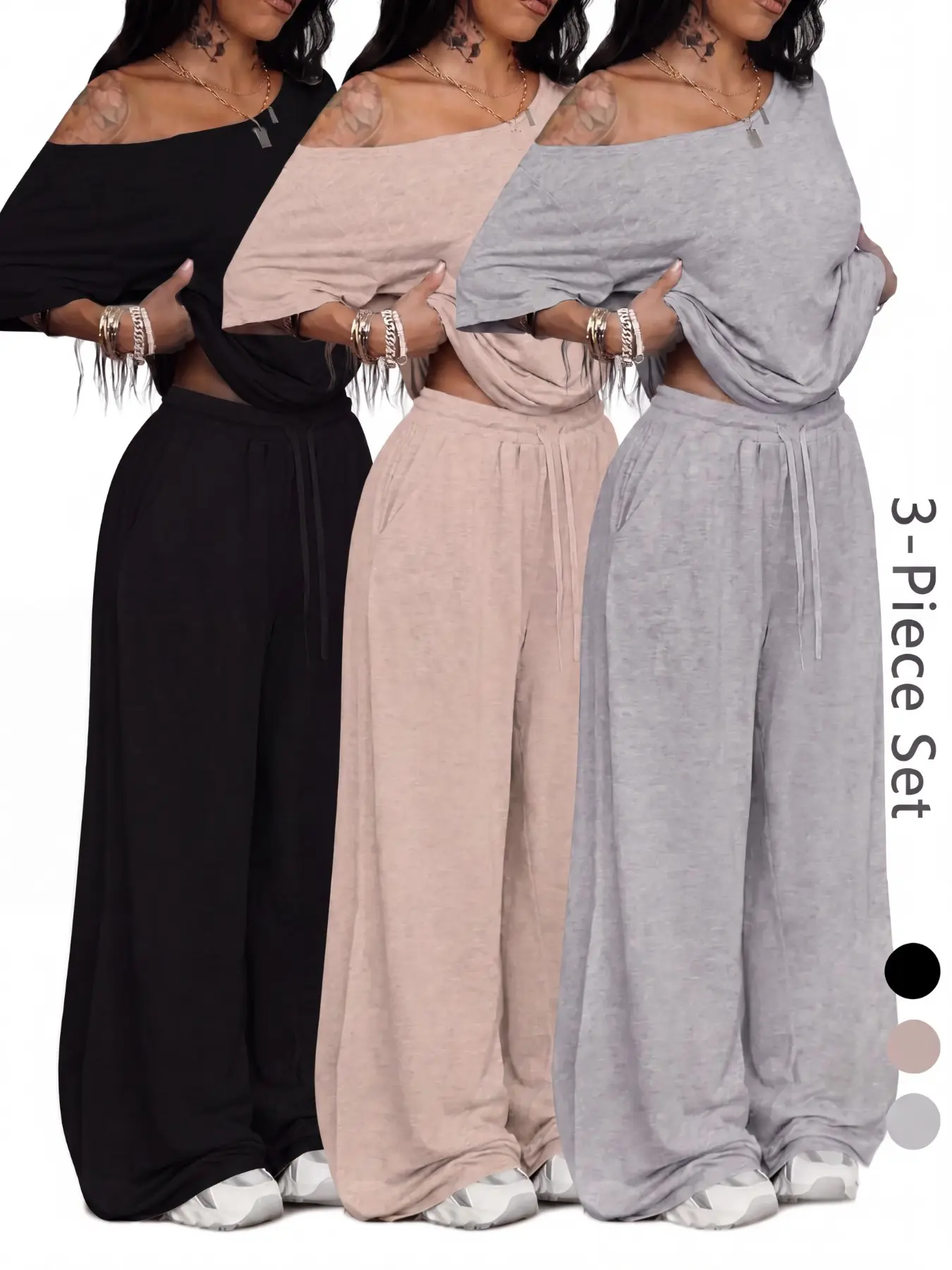 Women's 2 Piece Lounge Set, off Shoulder Oversized Top & Drawstring Wide Leg Pants, Casual Matching for Travel, Airport & Fall, Casual Chic Set