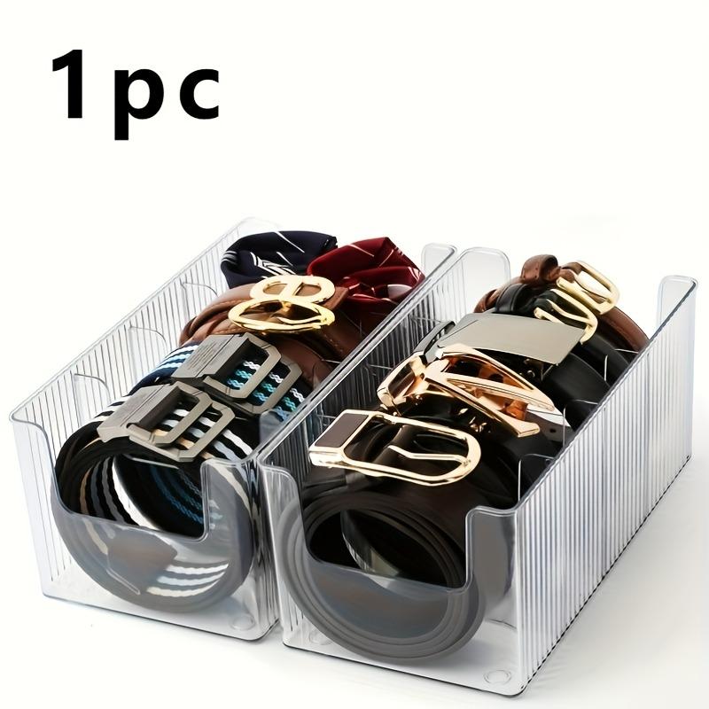 High Capacity Transparent Plastic Belt Organizer Box, 4 Compartments with Removable Dividers, Desktop Makeup Storage Shelf