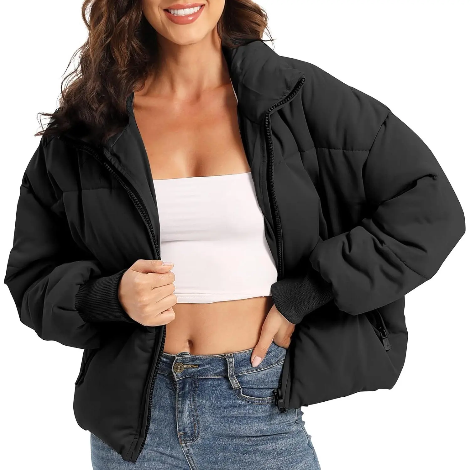 Women's Cute Casual Thick Fashion Winter Quilted Down Zipper Cropped Puffer Jacket, Hoodless Lightweight Coat for Snow, Tops