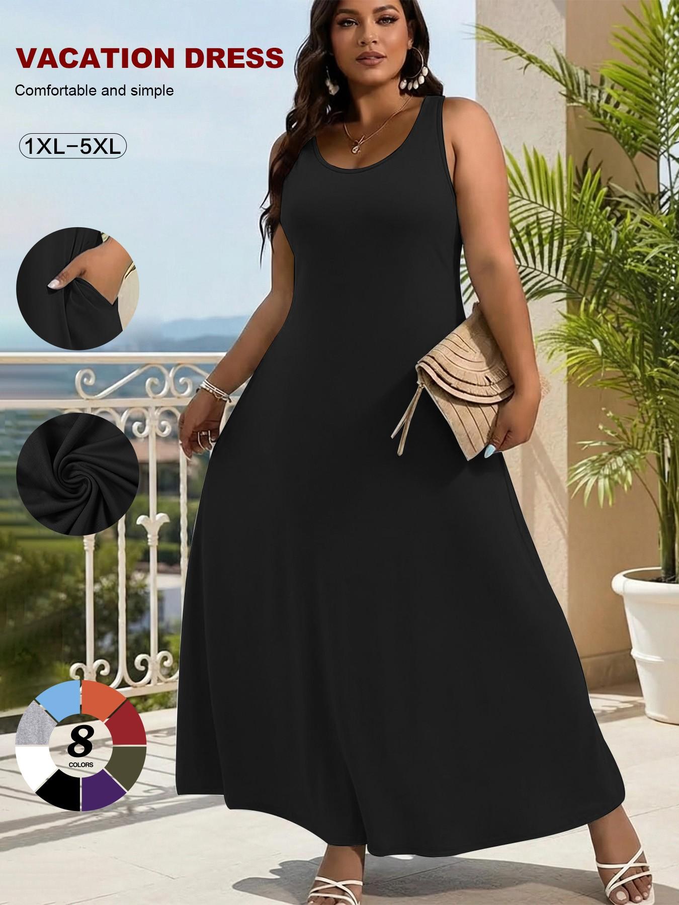 2026 Women's Plus Size Sleeveless Maxi Dress, Sexy Scoop Neck A-Line Vacation Dress, Summer Tummy Control Beach Cover Up with Pockets