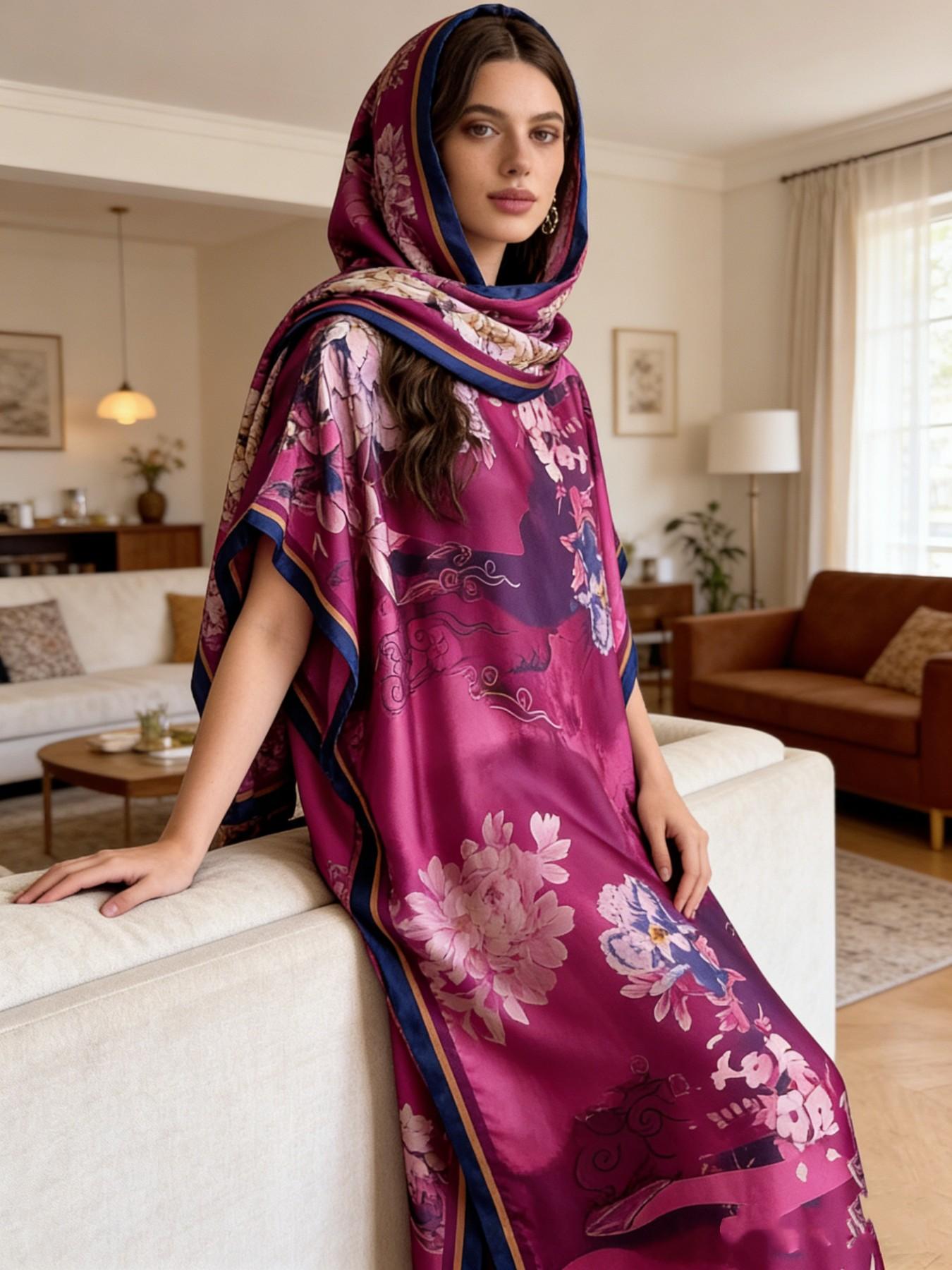 1dress+1scarf Viral Purple Floral Print Satin Kaftan Maxi Dress with Matching Scarf – Silky Loose Fit, Plus Size Friendly, Luxury Loungewear, Beach Cover Up & Evening Party Wear, Must-Have Resort Fashion Piece
