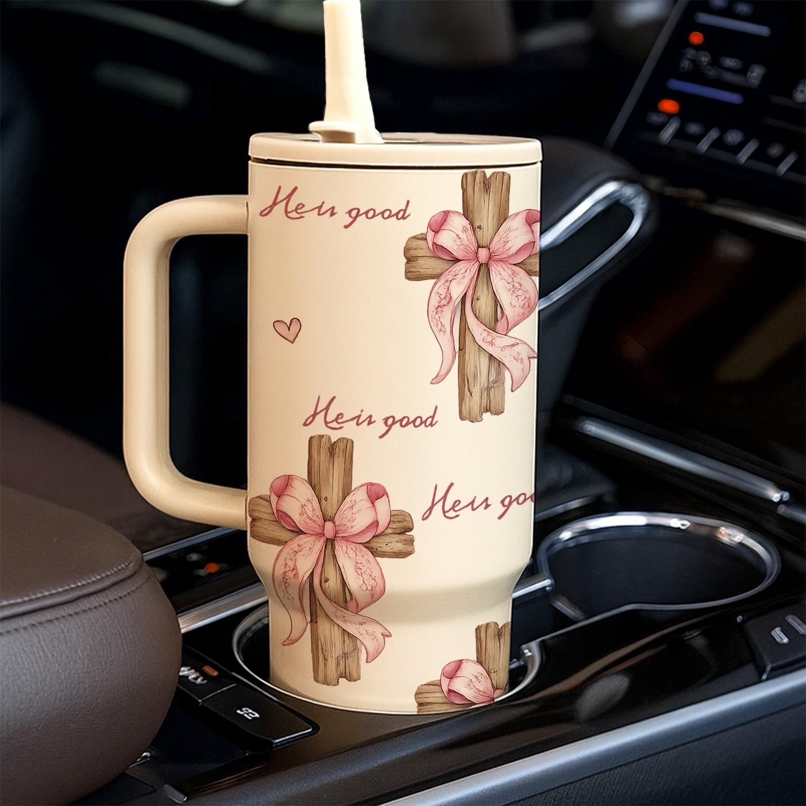 40oz Christian Faith Insulated Mug with Handle and Straw Lid, He Is Good Cross and Pink Bow Print, Double Wall Vacuum Thermal Mug for Hot and Cold Drinks, Large Capacity Car Travel Mug, Ideal Gift for Church Friends and Believers Tumbler