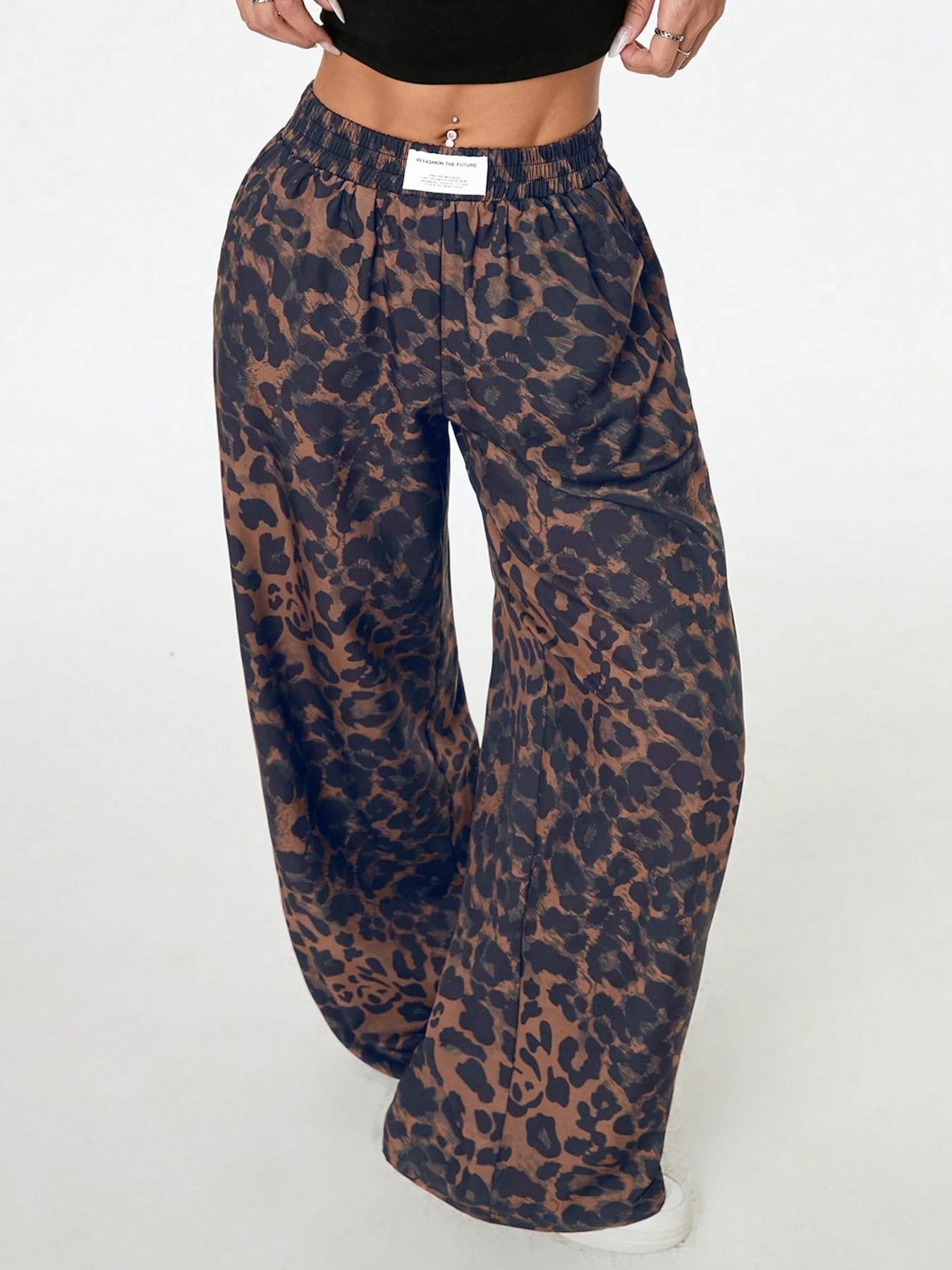 Women's Leopard Print Wide Leg Pants, High Waist Elastic Waist Loose Fit Street Style Long Pants, Fashionable Casual Wear, Casual Street Trousers