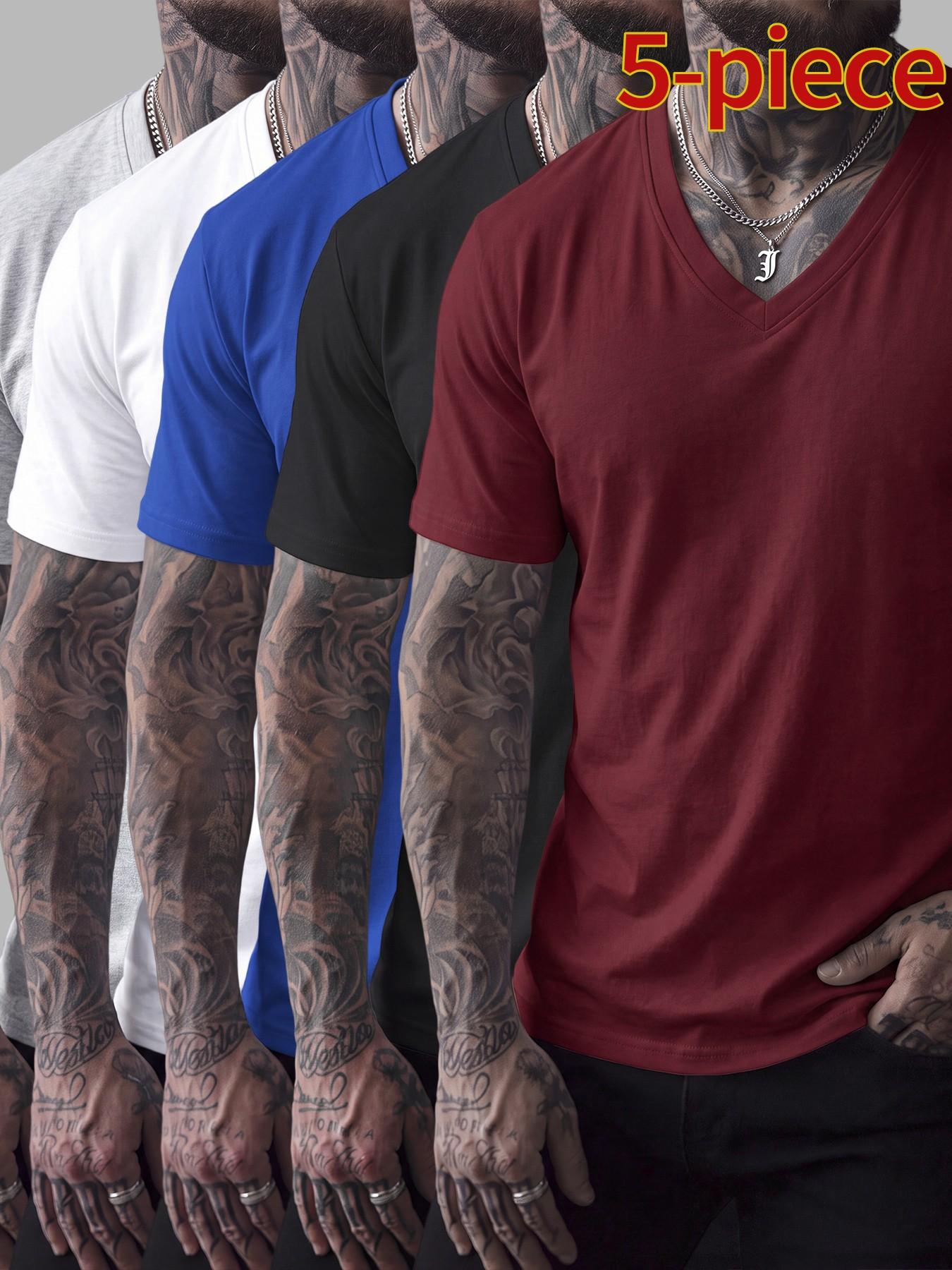 5-Pack Men's Slim Fit Cotton V-Neck T-Shirts, Casual Classic Short Sleeve Basic Daily Wear, Comfortable Solid Color Tees, Essential Clothing
