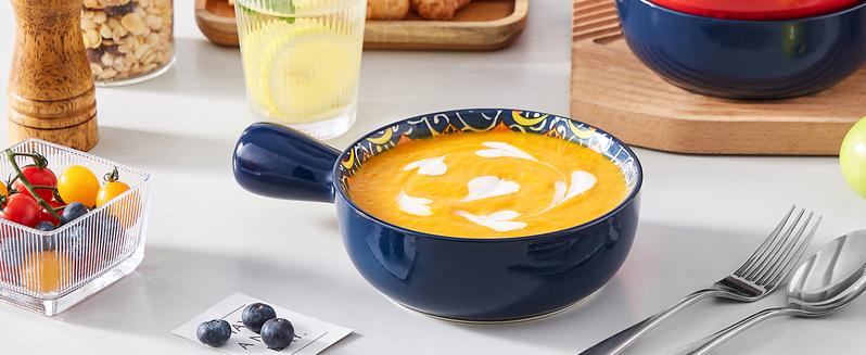 vancasso Soup Bowls with Handles, 23 Oz French Onion Soup Bowls Oven Safe, Bohemian Ceramic Soup Crocks for Cereal, Pasta, Beef Stew, Chilli, Microwave Dishwasher Safe-6.2 inch, Set of 4