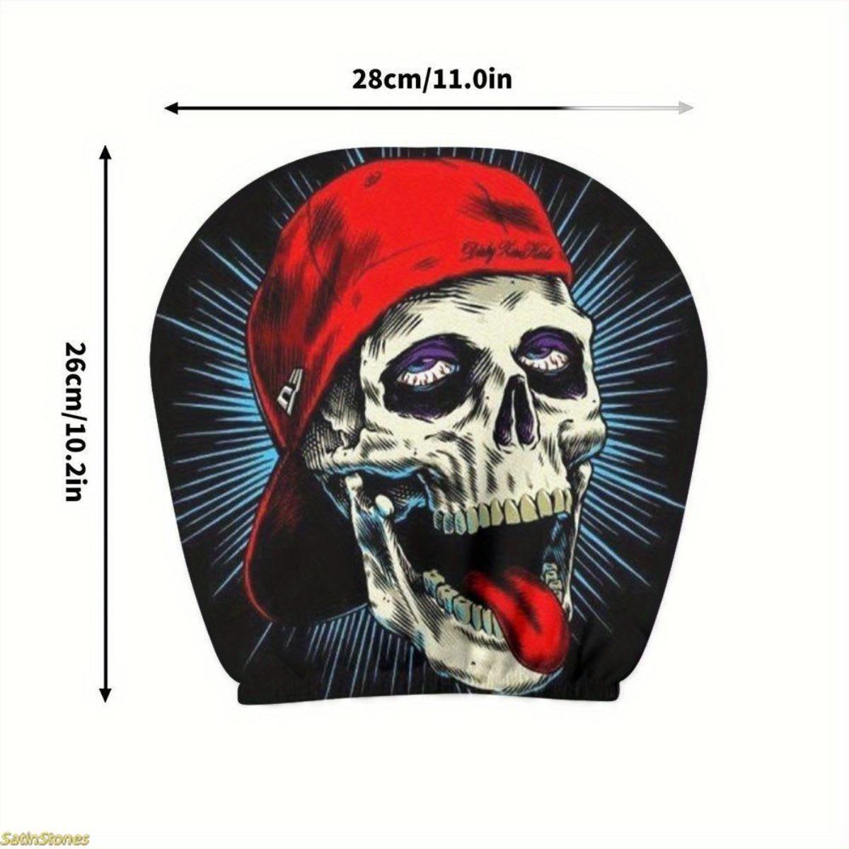 Gothic Hip Hop 2-Pack Car Headrest Covers with Skull Print, Soft Fabric, Easy Installation, Hassle-Free Wash, Durability Enhancement, Universal Fit Vehicle Decoration for Road Trips