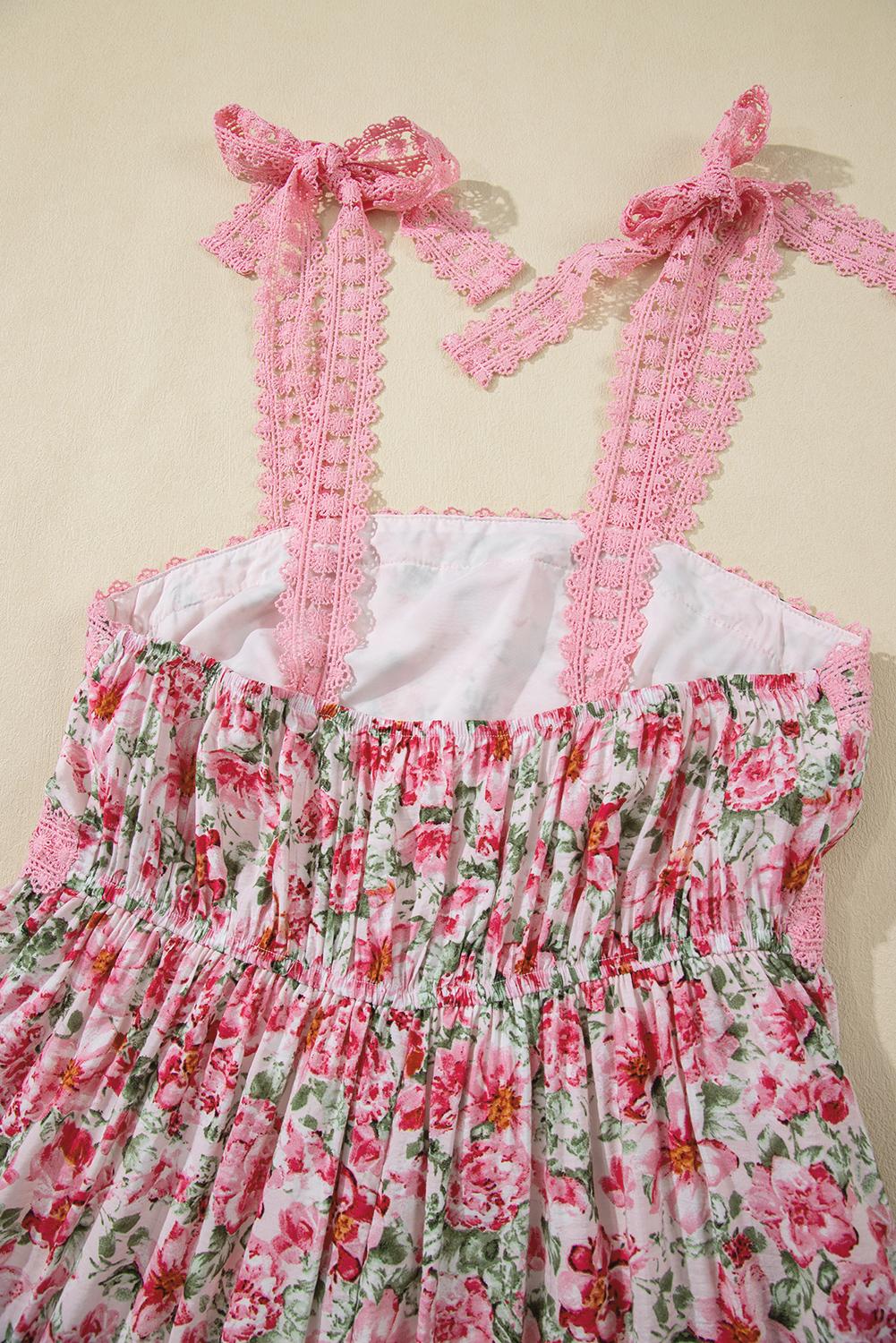 Women's Pink/Green Floral Lace Tied Strap Empire Waist Maxi Dress