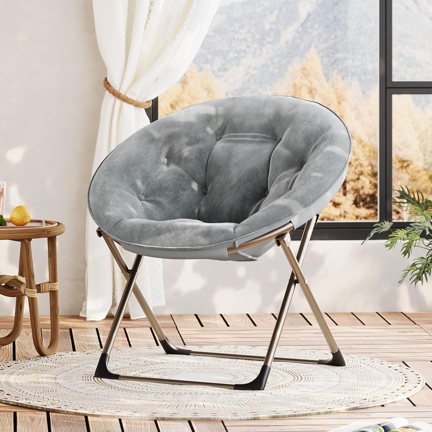 Comfy Oversized Saucer Chair, Soft Faux Fur Folding Moon Chair, Thick Padded Reading Lounge Chair with Stable Metal Frame for Living Room, Dorm, Office