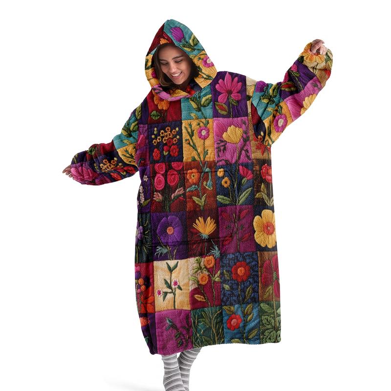 hoodie blanket, Wearable Blanket、Soft Flannel Blanket with Digital Print, Printed Blanket, Wearable Hooded Throw, Plant Floral Pattern, Warm and Cozy, Perfect for Sofa, Home, Office, Camping、Christmas Gift,Valentine's Day gift
