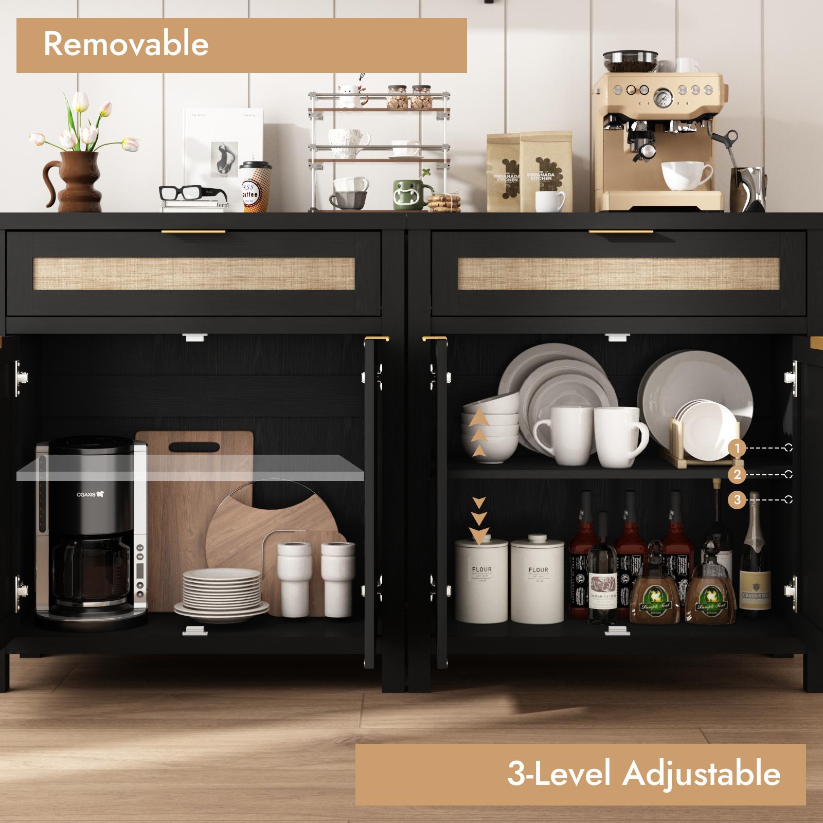 PieDle Furniture Rattan Crafted Storage Cabinet with Adjustable Dividers, Bohemian Style Buffet for Multiple House Areas like Kitchen, Hallway & Living Room