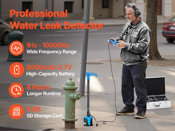 VEVOR Pipe Water Leak Detector for Outdoors, 1Hz-10000Hz, 7 Touchscreen Water Leakage Detection Locator for 16.4FT (5m) Underground Plumbing - with Medium Sensor, 3 Listening Rods, Headphone Case