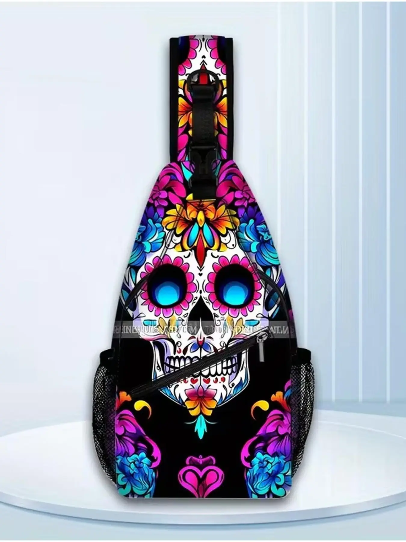 Sugar Skull Day of the Dead Sling Chest Bag, Trendy Floral Printed Unisex Crossbody Backpack with Adjustable Strap, Durable for Travel Camping Hiking, Perfect Birthday & Holiday Gift