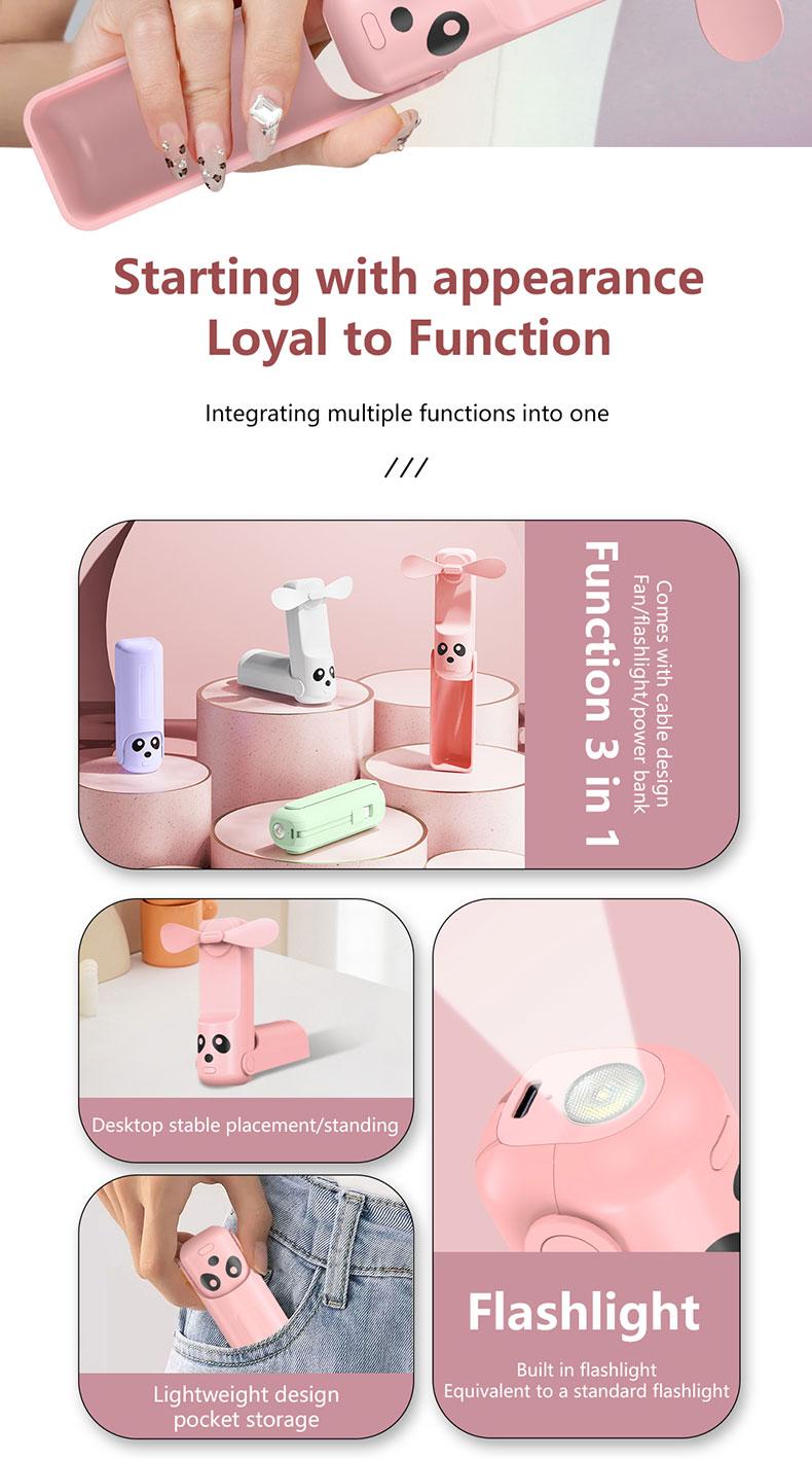 Foldable Handheld Portable Power Bank Mini Fan USB Rechargeable Desktop Fan with Wired Power Bank Portable Fan Mobile Power Bank Charger Pink Folding fan