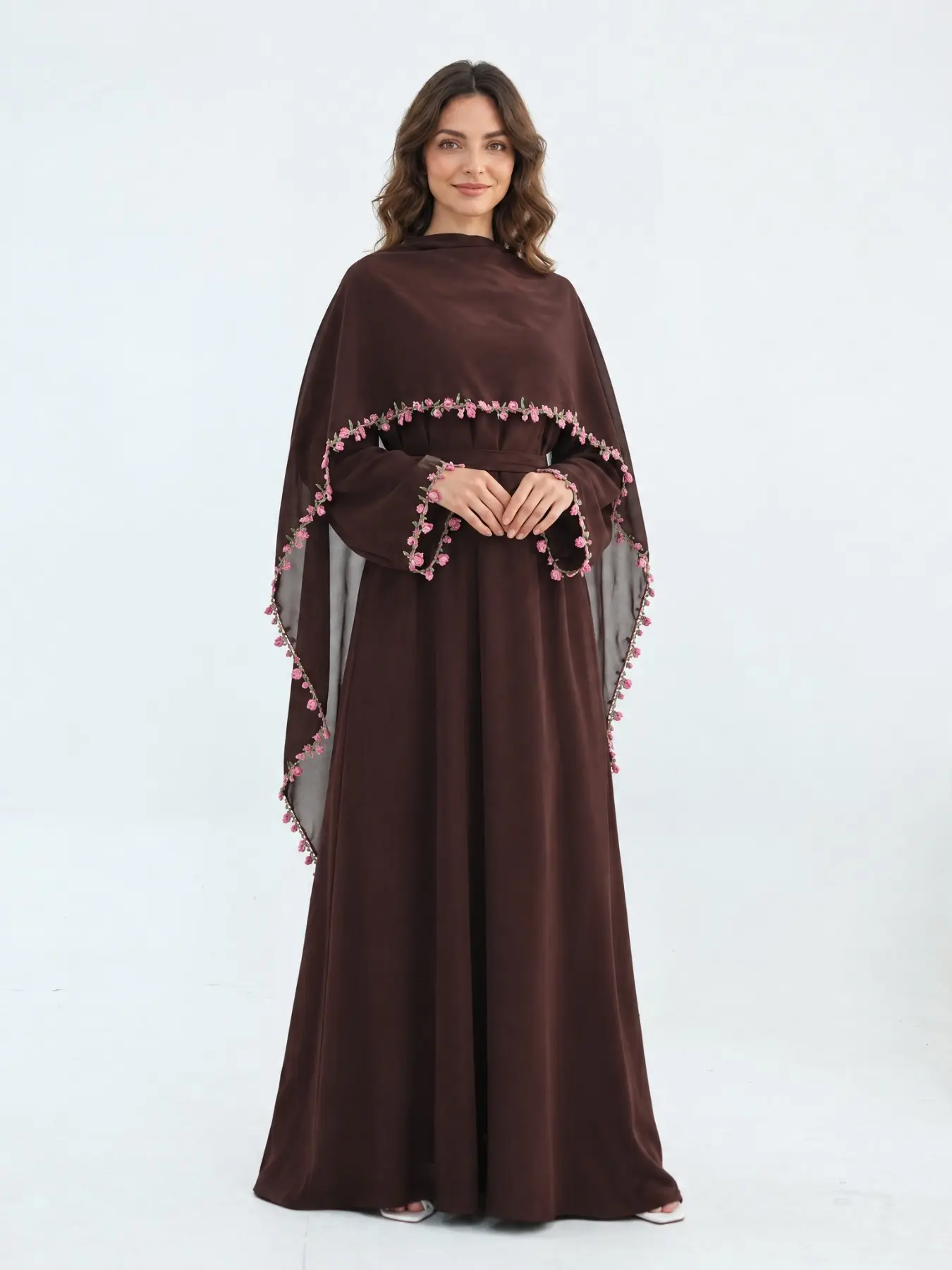 New Muslim Women's Multi-Color Lace Trimmed Dress, Elegant Fitted Long Dress with Headscarf, Spring & Fall Party Gown, Muslim Dresses