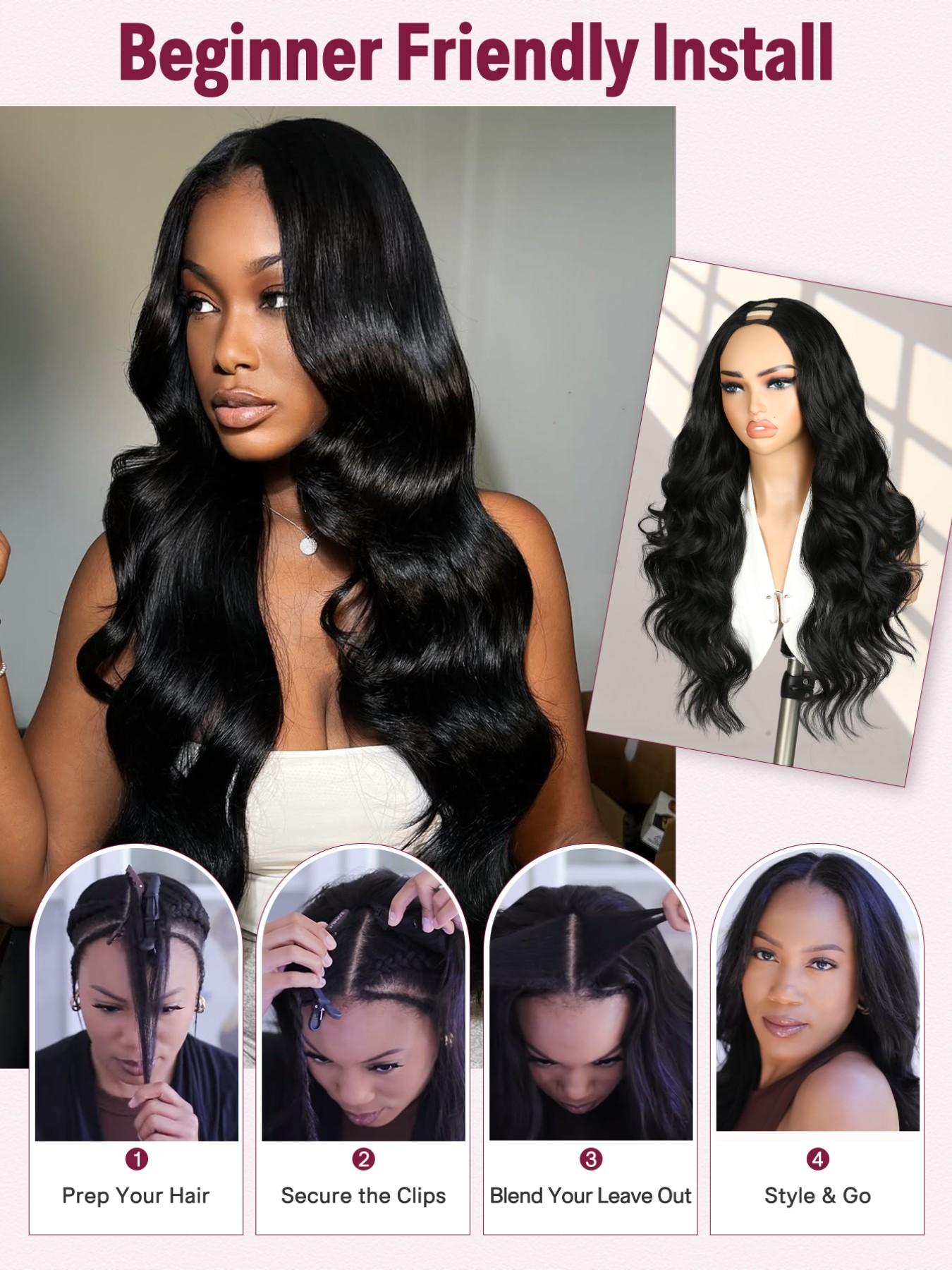 U Part Body Wave Synthetic Half Long Wavy Hair Wigs for Women, 26 Inch Glueless Wig, Heat-Resistant, Clip In, Natural, Daily Party Use