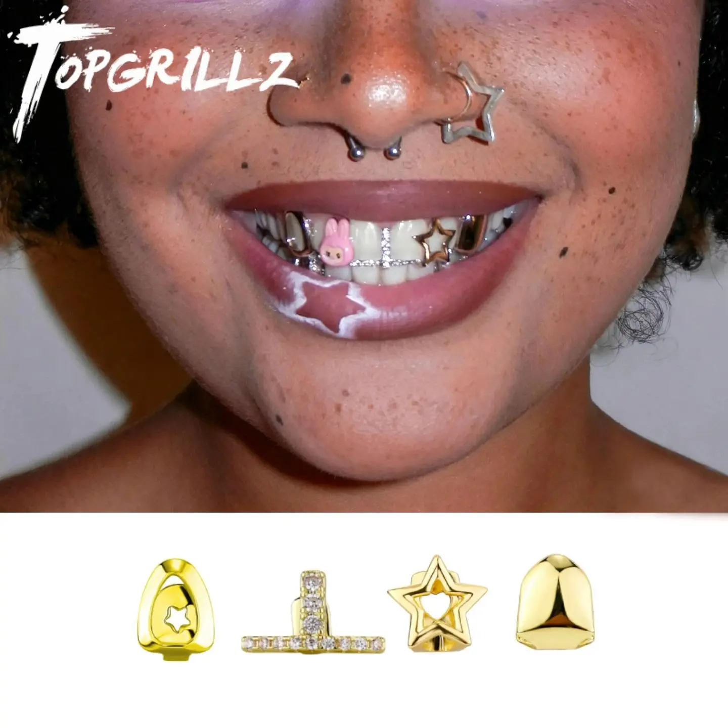 TOPGRILLZ Streetwear Jewelry Gold Plated Copper 4Pcs Mix & Match Grillz Set Hollow Star Letter Single Tooth Gift For Men&Women