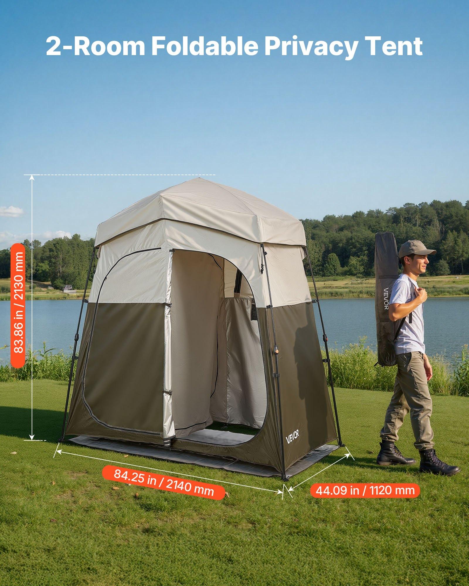 fathersdaygift  VEVOR Camping Shower Tent, 2-Room Foldable Portable Privacy Tent Changing Room with Ground Stakes, Ropes, and Carry Bag, 150D Oxford Fabric with Silver Coating, for Camping, Beach, and Fishing