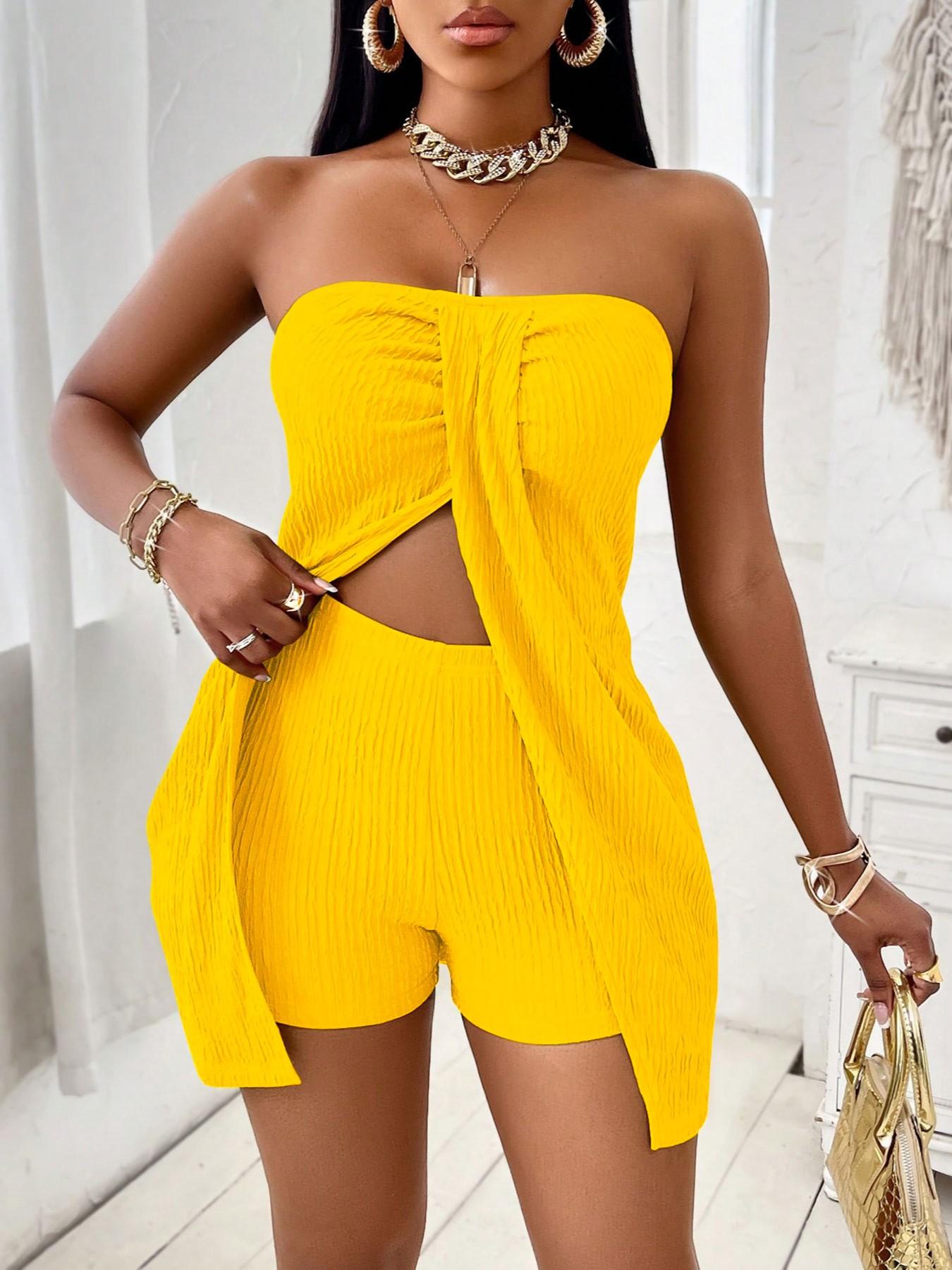 Women's Summer Plain Textured Fabric Twist Front Split Sleeveless Top Short Pants Set, Elegant Slim-Fitting Two-Piece Slit