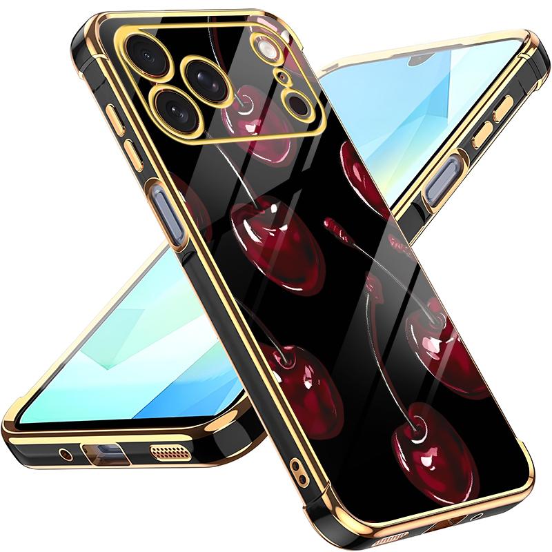 Vintage Cherry Coquette Phone Case — Glossy Dark Fruit Aesthetic, Gold Edges, Soft Cover for iPhone 17 Pro — 975