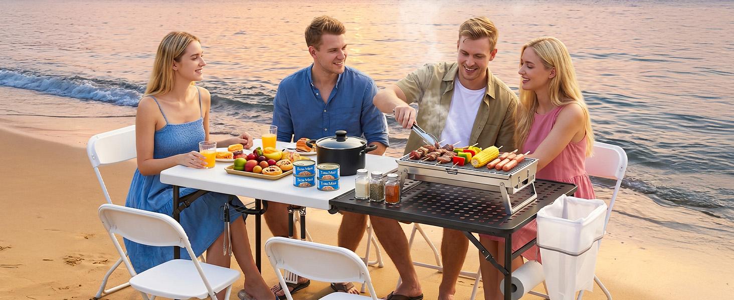 5ft Folding Table for Picnic Camping, Portable Outdoor Table with Metal Grid Grilling Surface, Heavy Duty Foldable Table for Cook Prep,Suitable for Camping, Backyard, Patio and Beach