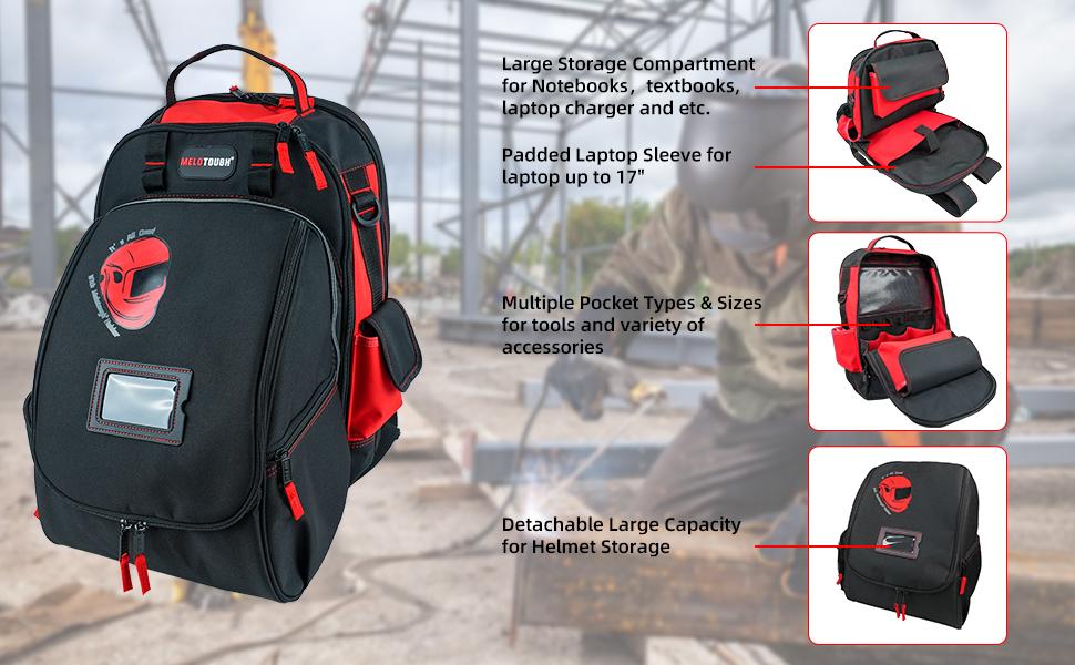 MELOTOUGH Welding Tool backpack Extreme Gear Pack with Large Capacity Helmet Holder Luggage Storage Bag(Red） multi-functional tool hammer holder