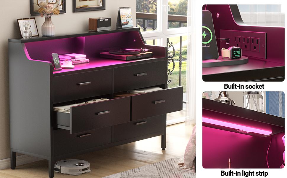 Homieasy 6 Drawer Dresser for Bedroom, Wooden Chest of Drawers with Power Outlets and Smart LED Light, Sturdy Modern Bedroom Furniture, Wide Storage Dresser for Living Room, Closet, Entryway, Black Homieasy 6 Drawer Dresser for Bedroom, Wooden Chest of Drawers with Power Outlets and Smart LED Light, Sturdy Modern Bedroom Furniture, Wide Storage Dresser for Living Room, Closet, Entryway, Black